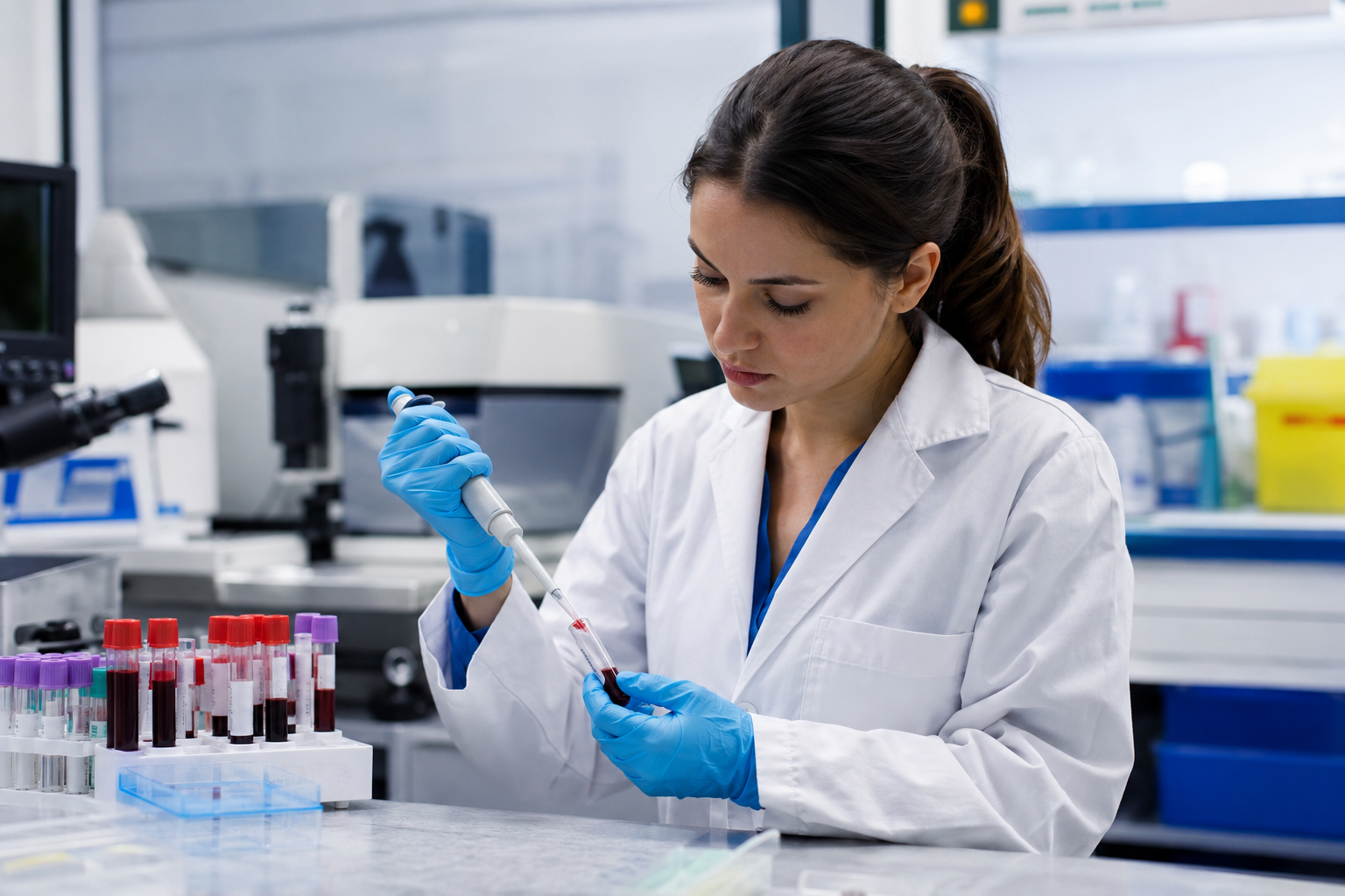 Profesional de laboratorio analizando una muestra de sangre en un laboratorio sanitario moderno