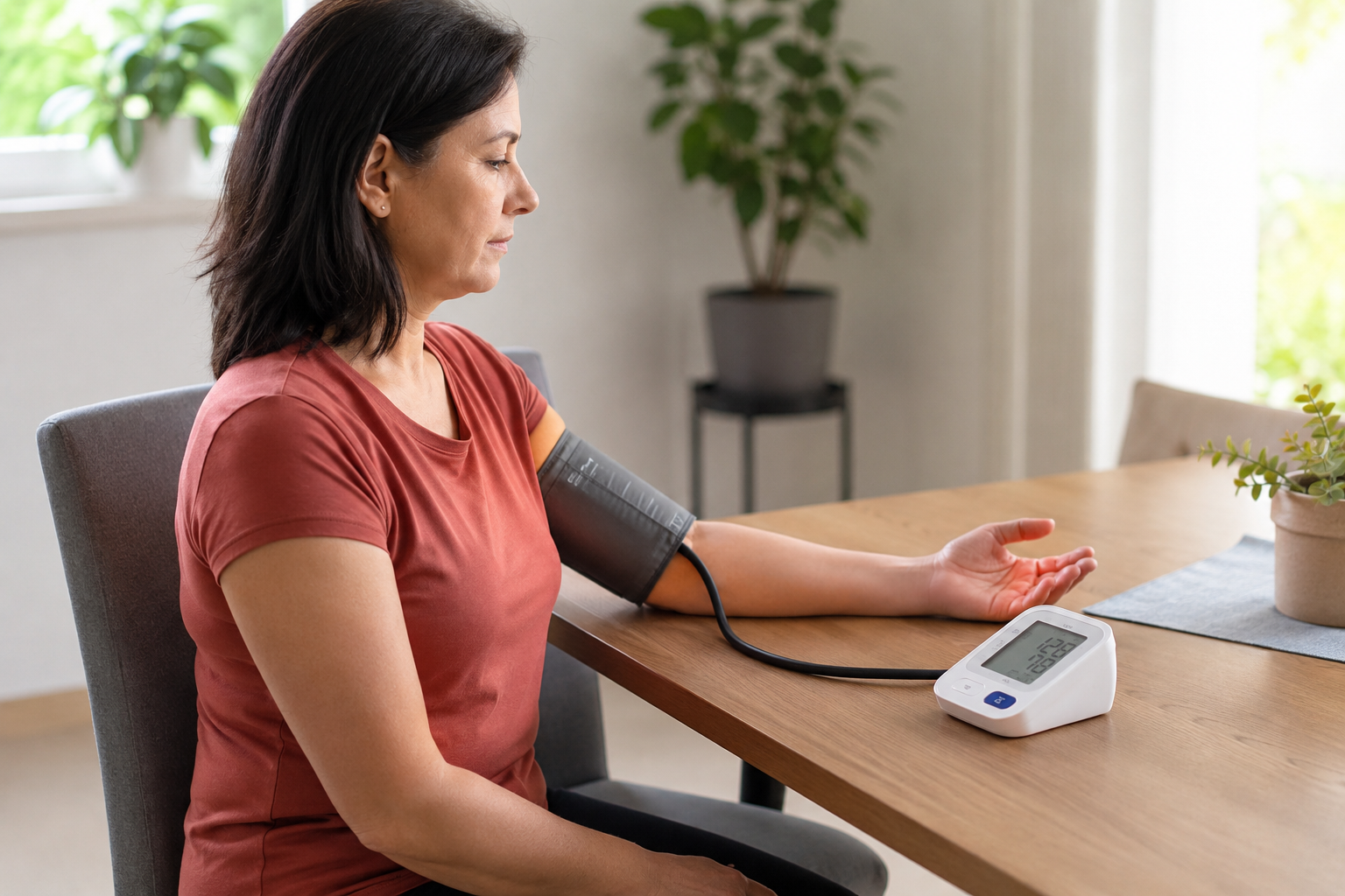 Mujer midiéndose correctamente la tensión arterial con el brazo apoyado