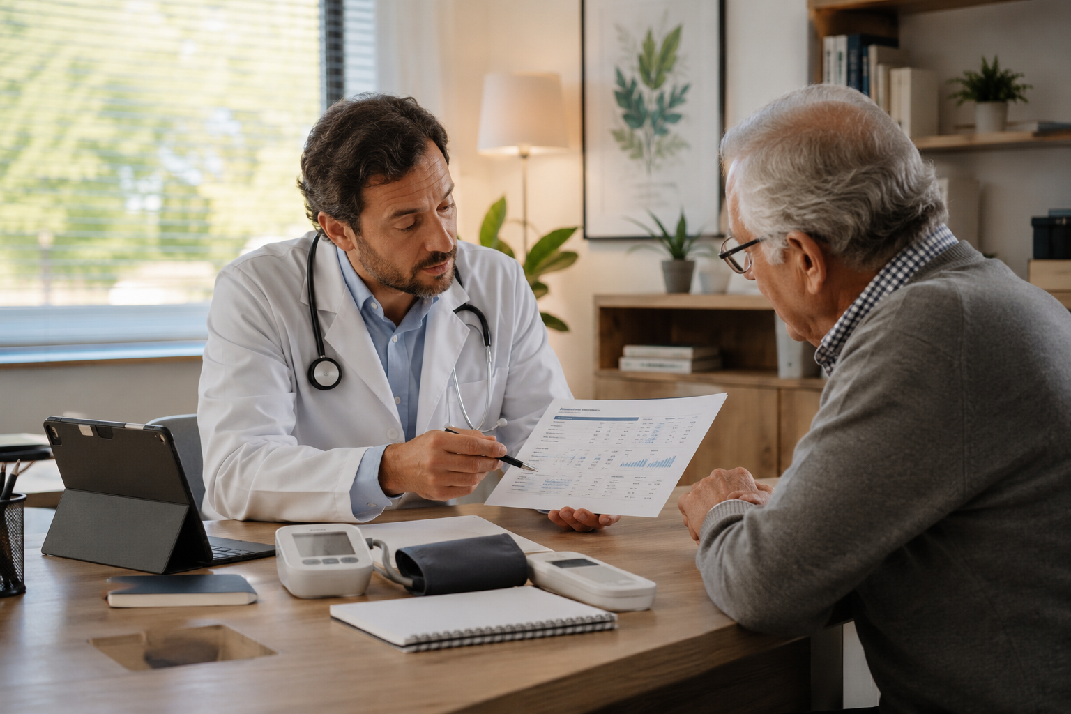 Médico revisando varias mediciones de tensión con una persona mayor