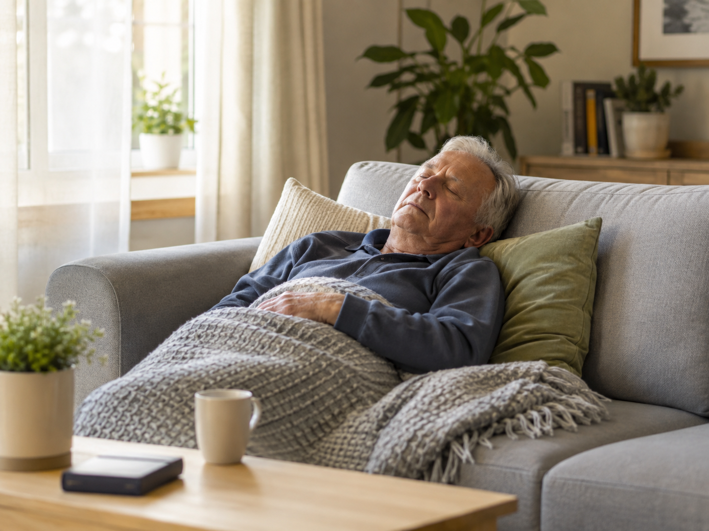 Hombre mayor durmiendo una siesta tranquila en el sofá durante el día