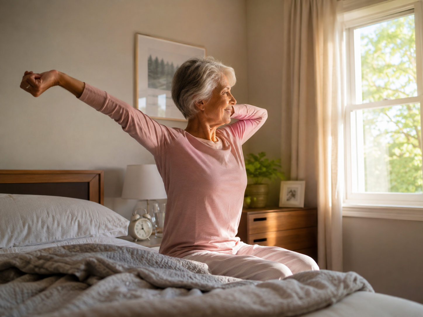 Mujer mayor levantándose por la mañana y estirándose junto a una ventana iluminada