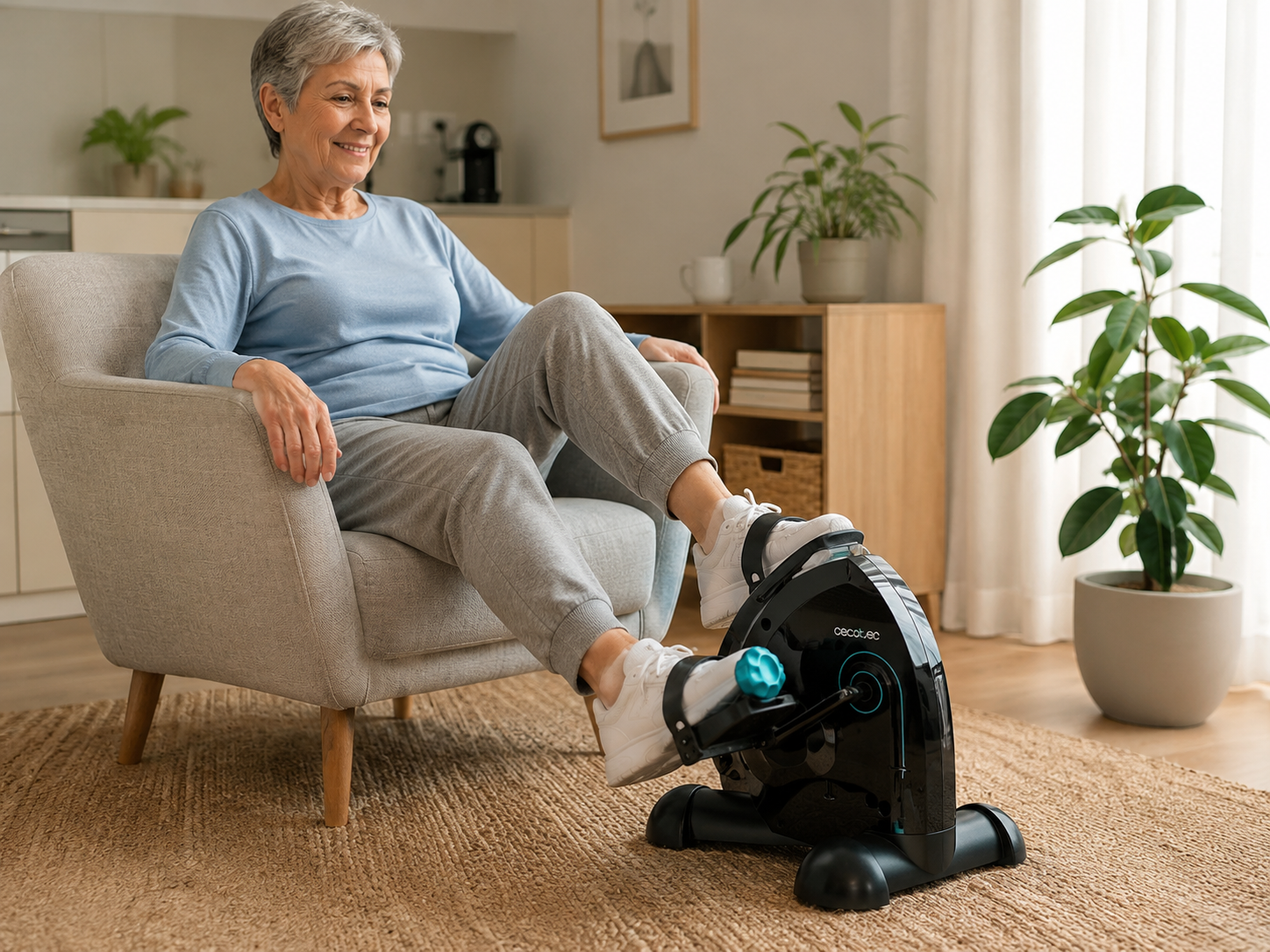 Mujer mayor realizando ejercicio suave en casa con un pedaleador compacto