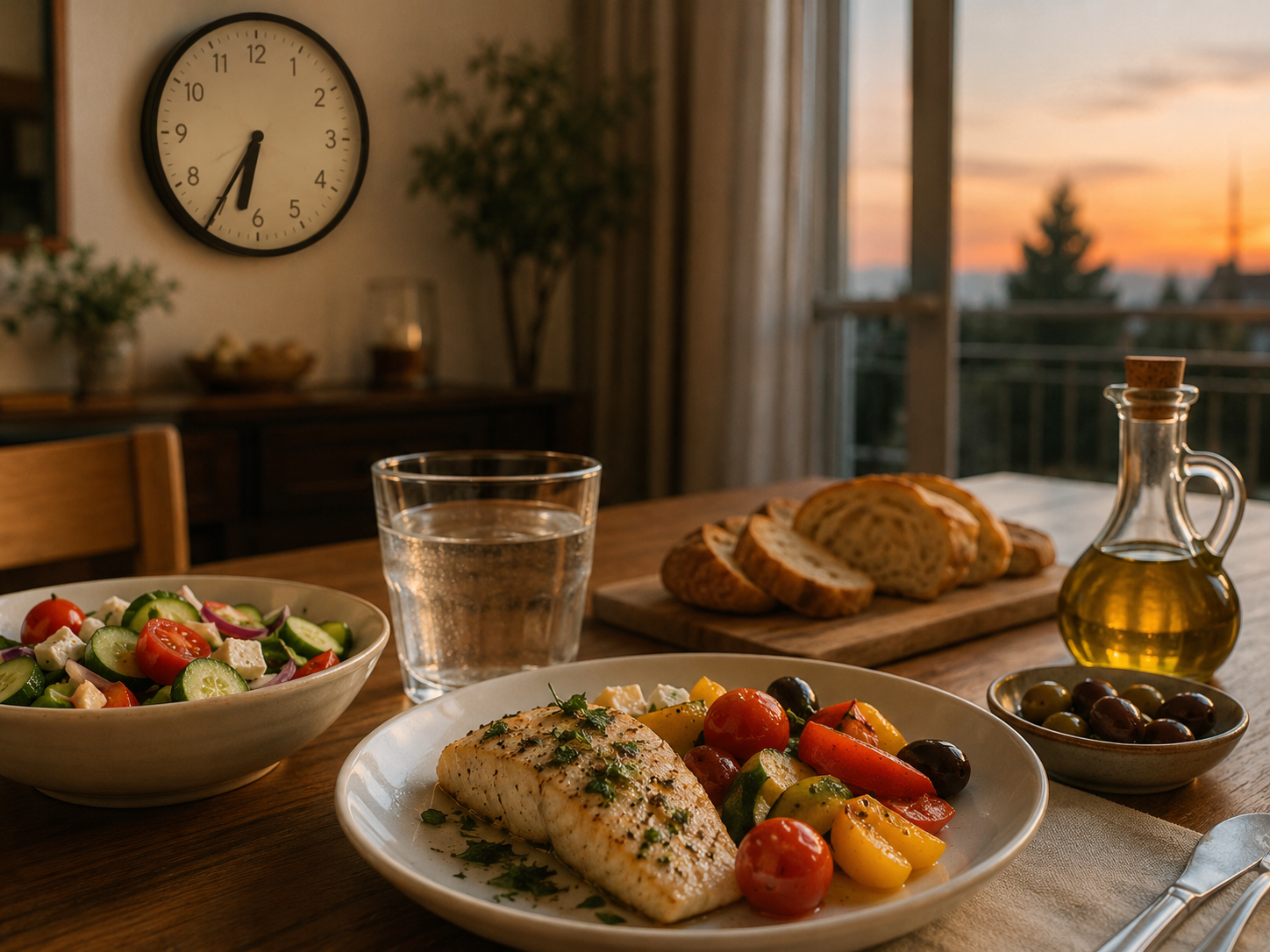 Cena mediterránea sencilla servida en una mesa al atardecer con un reloj marcando alrededor de las seis y media