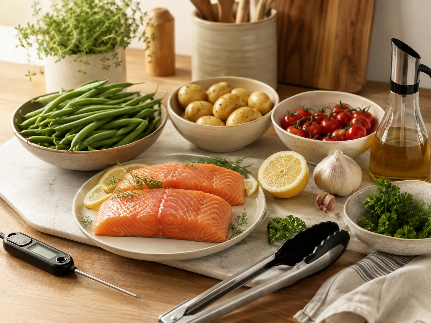 Salmón al horno servido con patatas, judías verdes y tomates cherry
