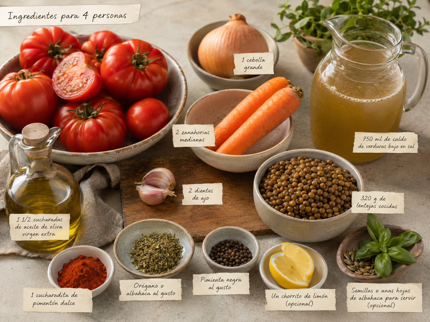 Ingredientes para preparar sopa mediterránea de tomate asado y lentejas para cuatro personas