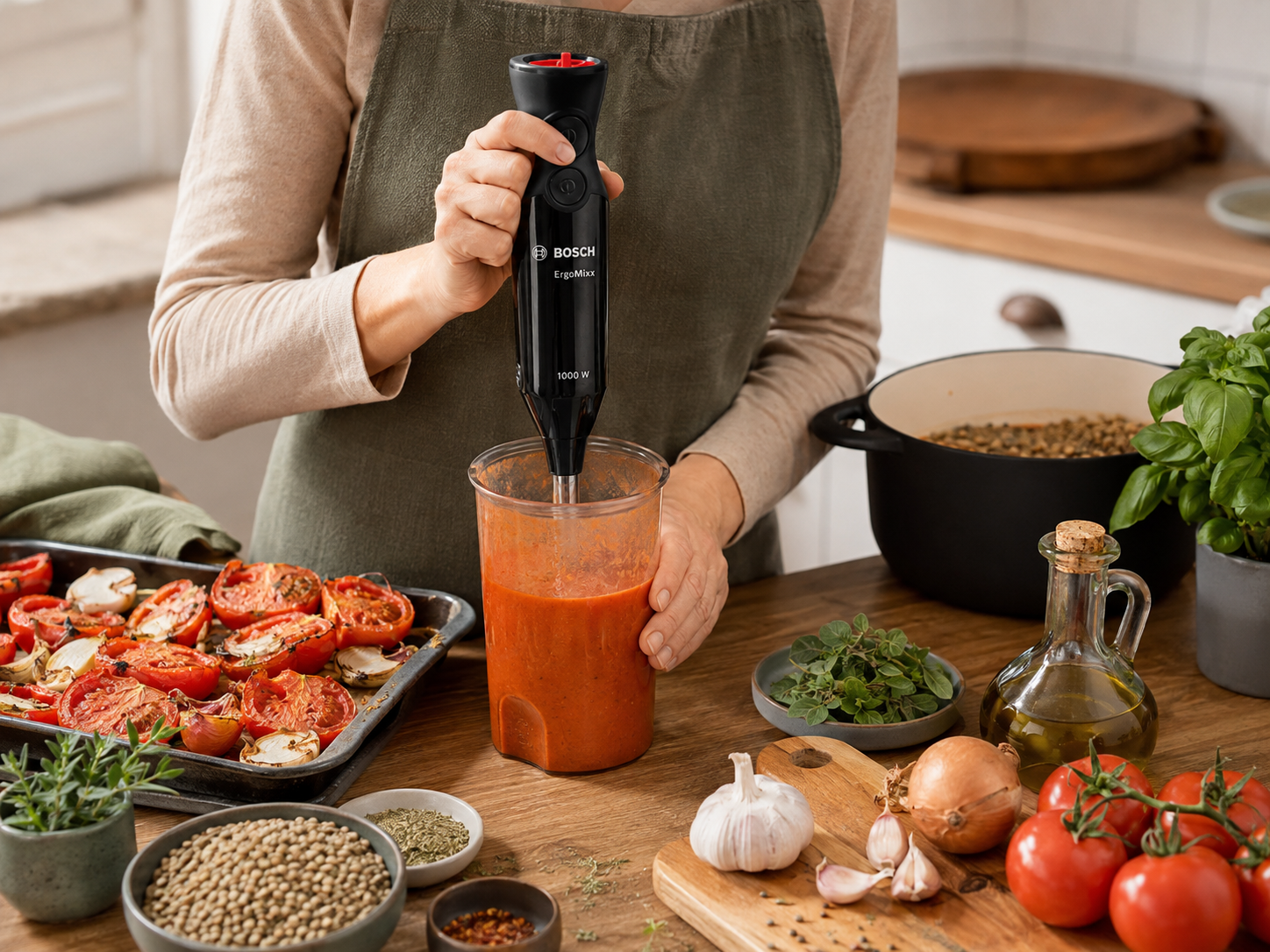 Preparación de la sopa de tomate asado con una batidora de mano Bosch