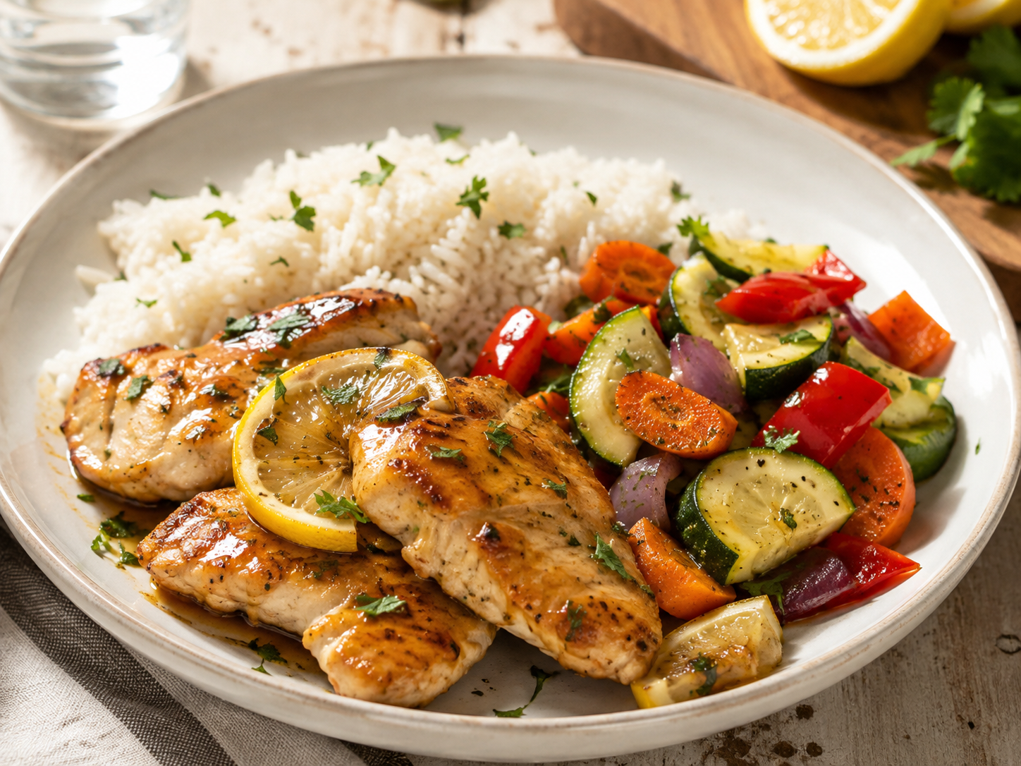 Pollo al limón servido con arroz y verduras de colores