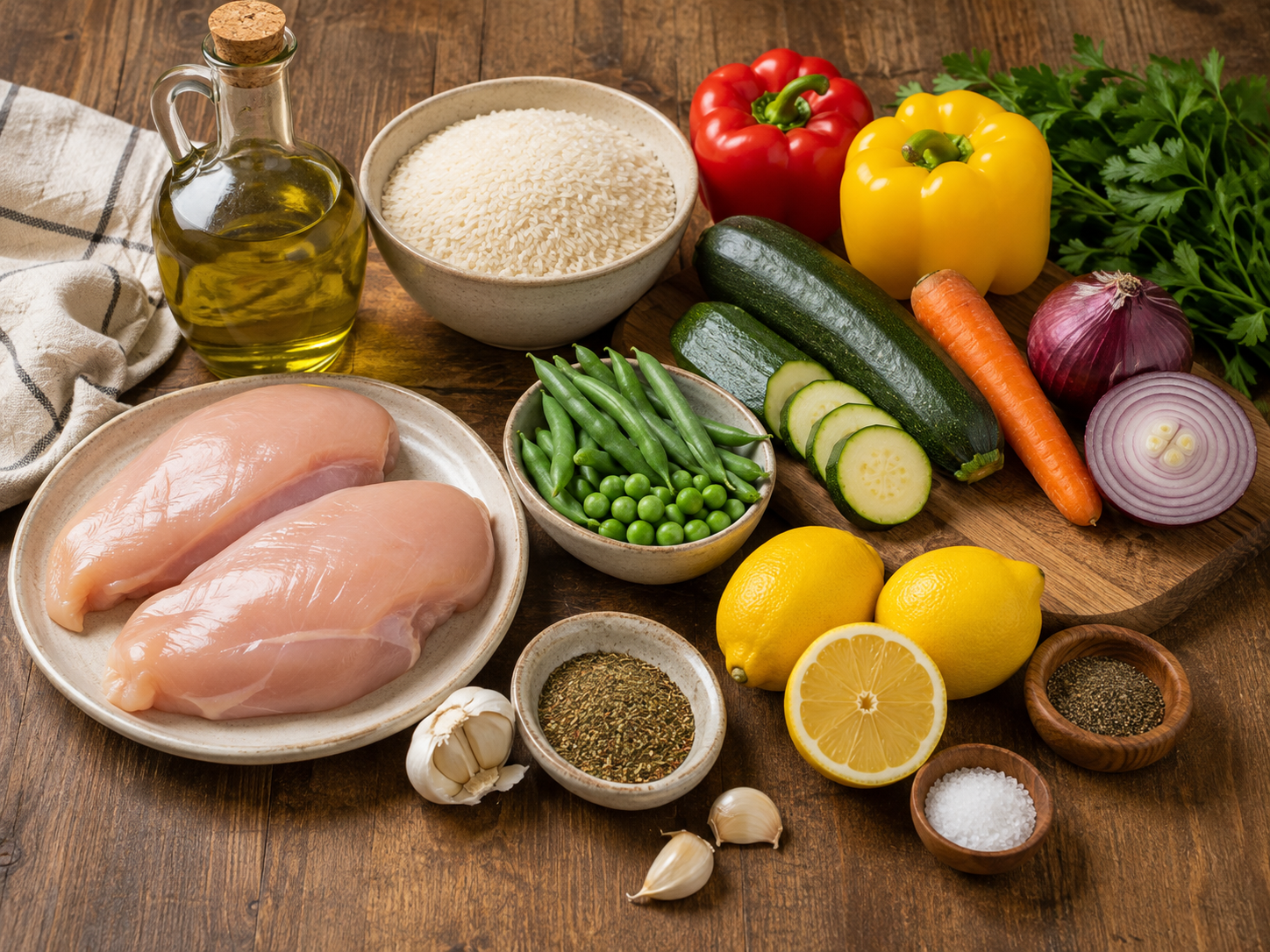 Ingredientes para preparar pollo al limón con arroz y verduras para cuatro personas