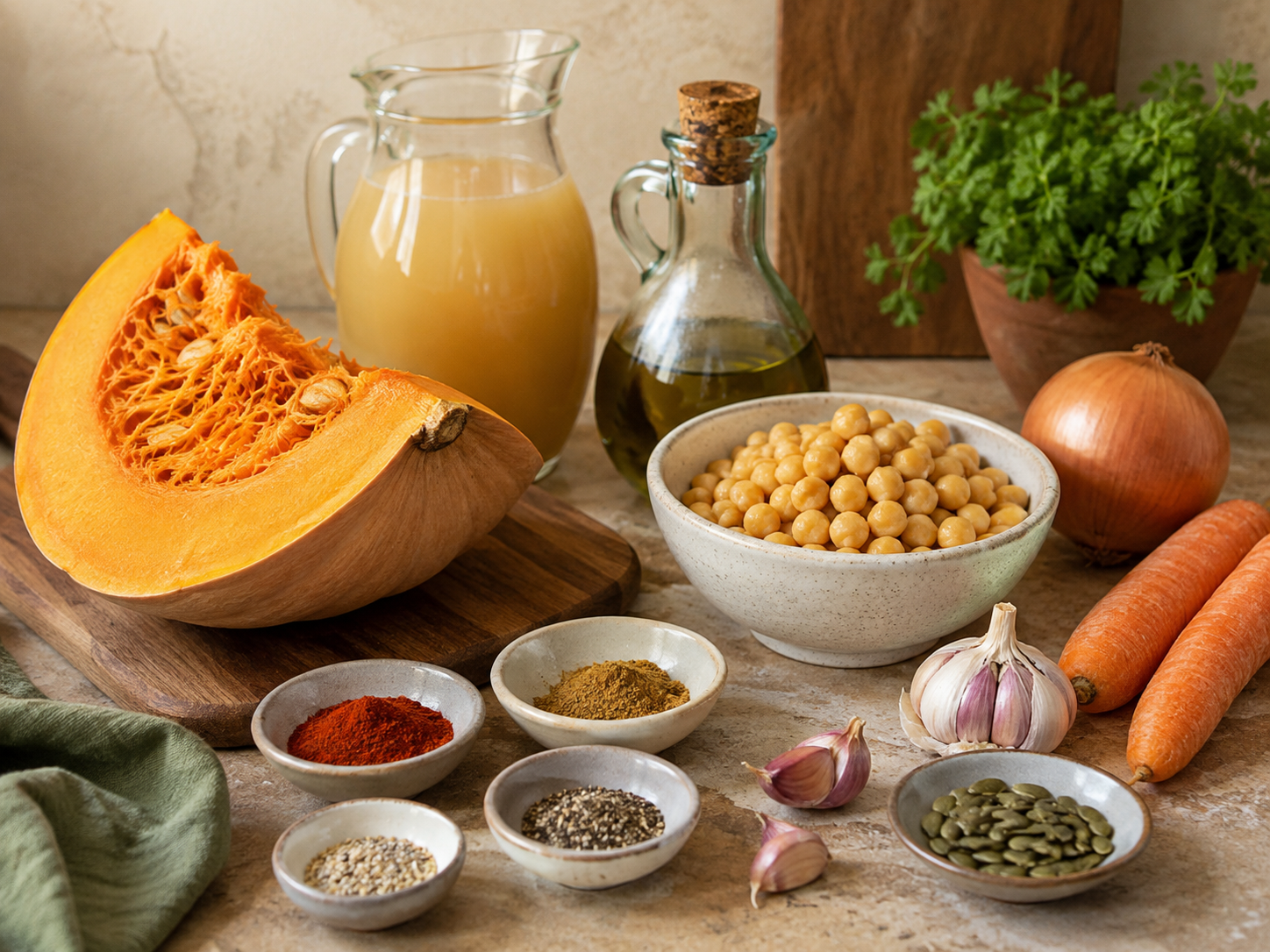 Ingredientes para preparar crema de calabaza y garbanzos