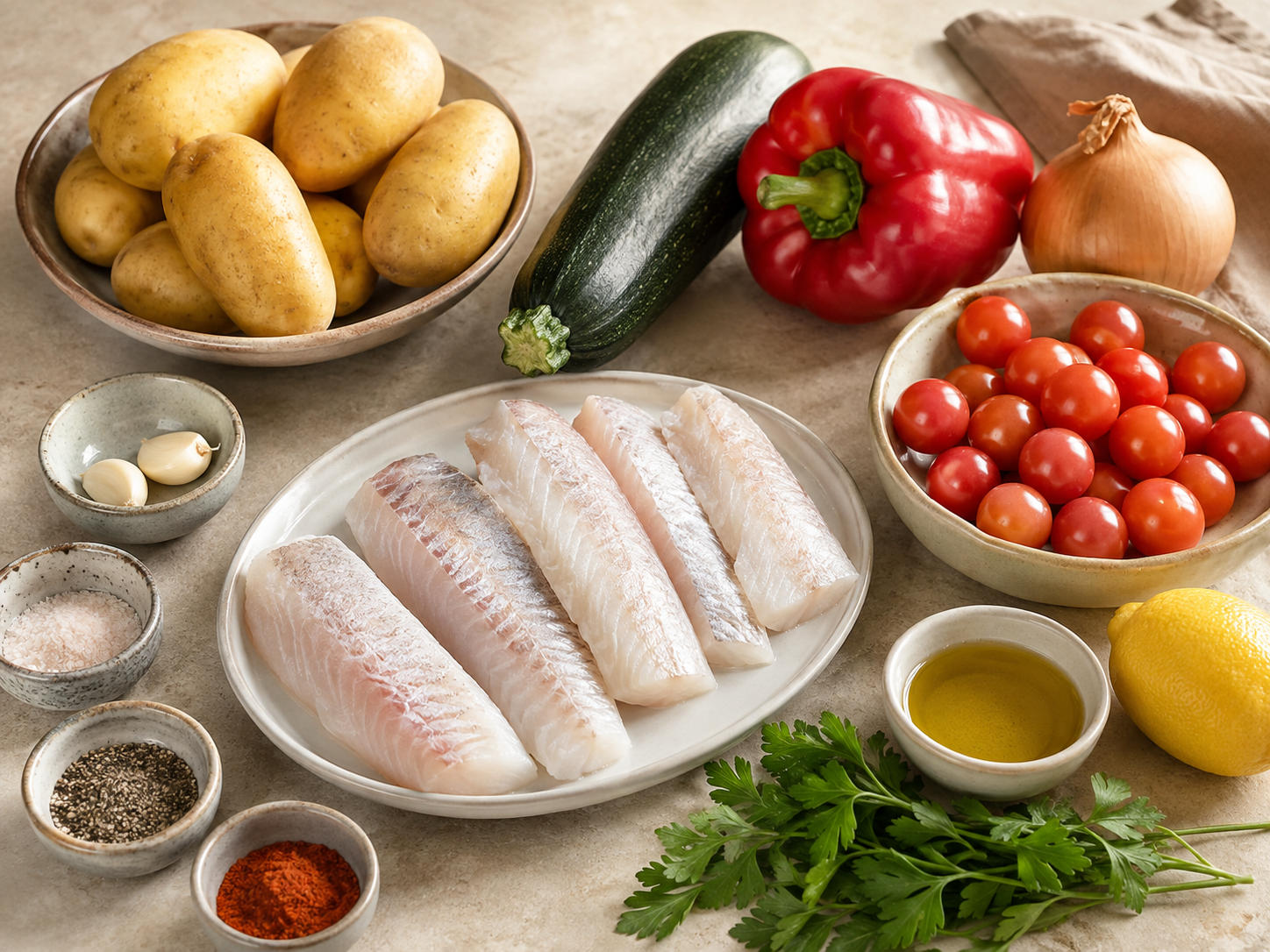 Ingredientes para preparar merluza al horno con verduras y patata para cuatro personas