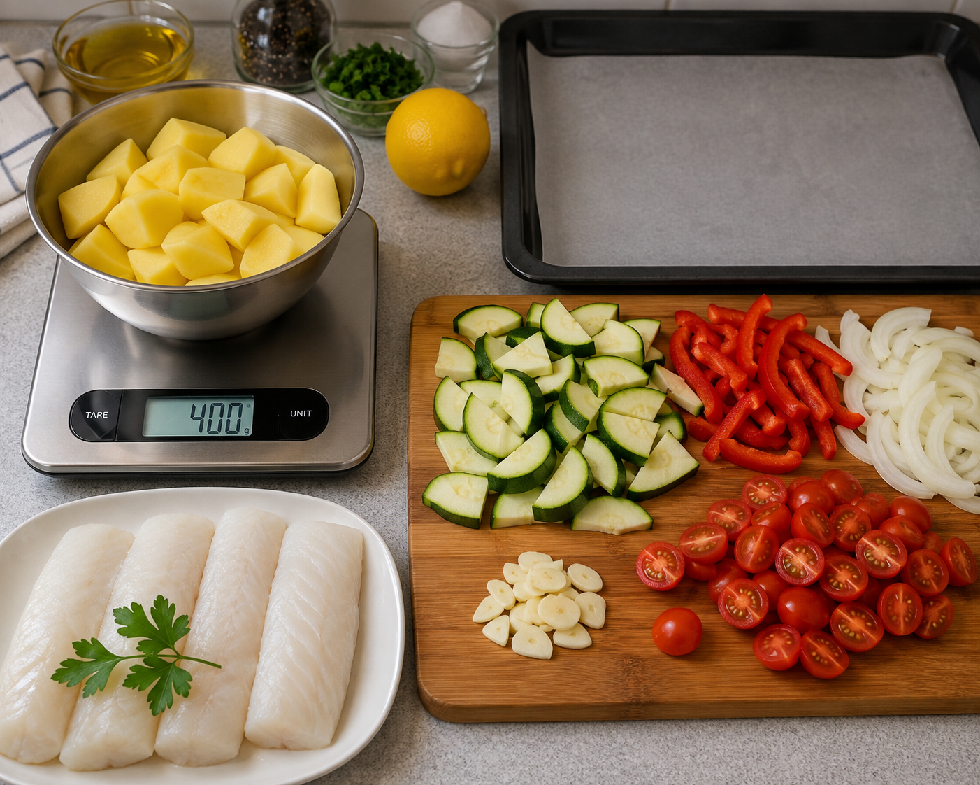 Patatas pesándose en una báscula y verduras cortadas junto a una bandeja de horno