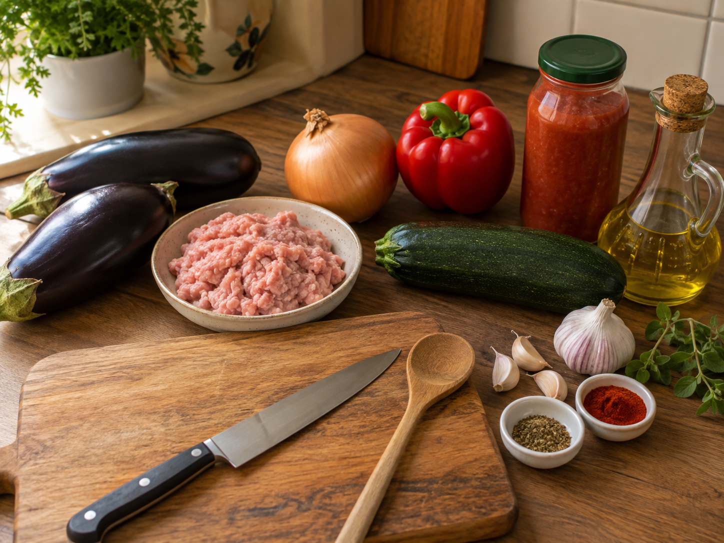 Berenjenas, carne picada de pavo, cebolla, pimiento rojo, calabacín, tomate, ajo, aceite de oliva, especias, tabla, cuchillo y cuchara de madera