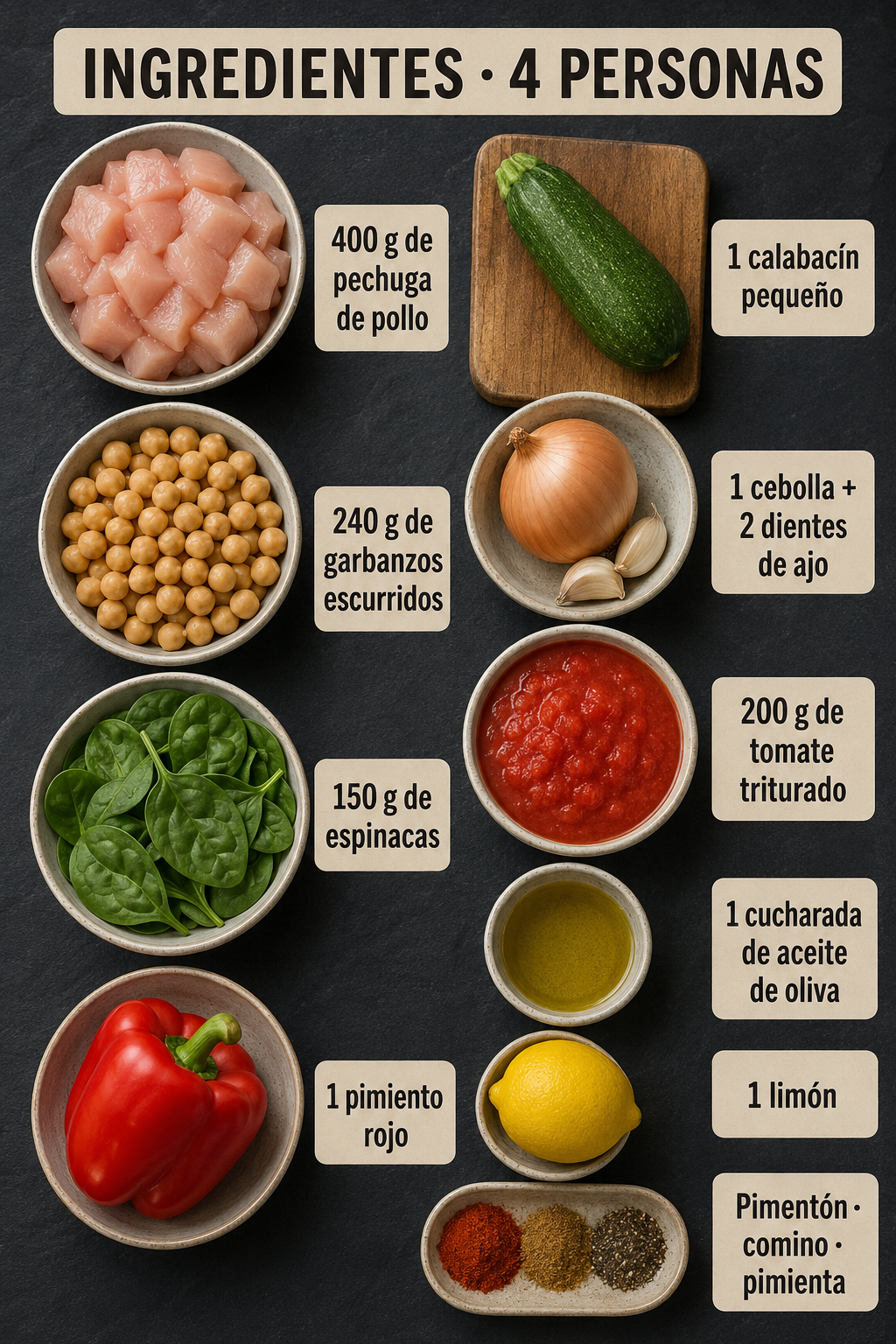 Ingredientes y cantidades para preparar guiso mediterráneo de pollo, garbanzos y espinacas para cuatro personas