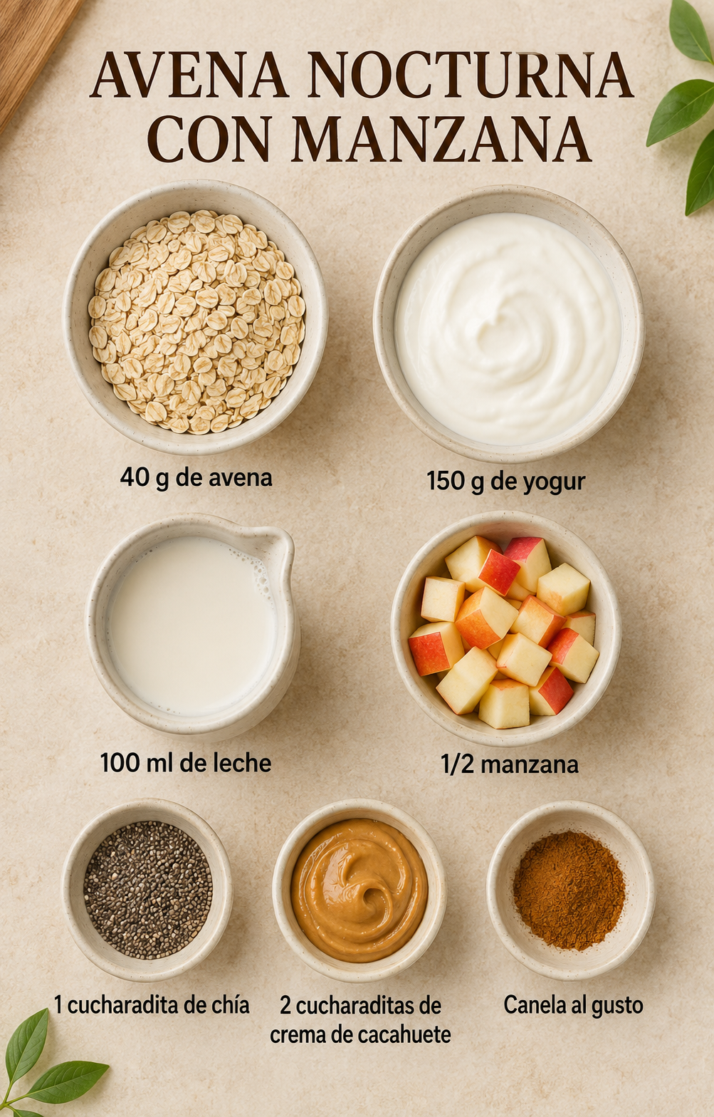 Ingredientes y cantidades para preparar una ración de avena nocturna con manzana