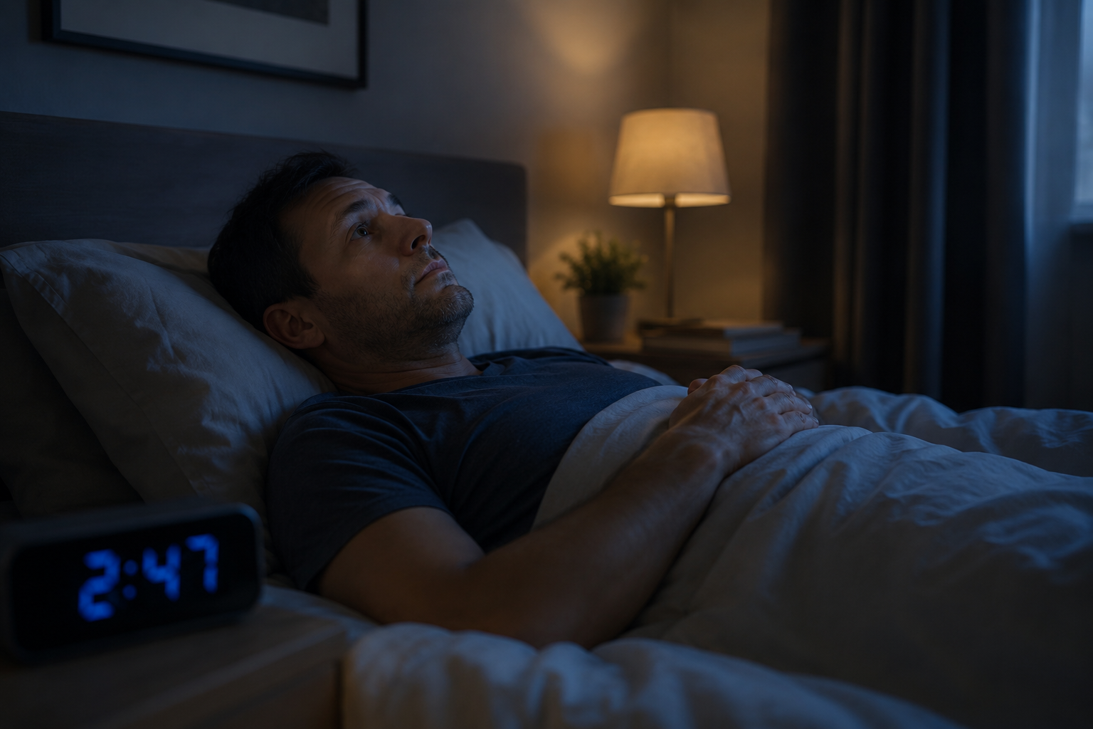 Mujer adulta despierta en la cama durante la noche