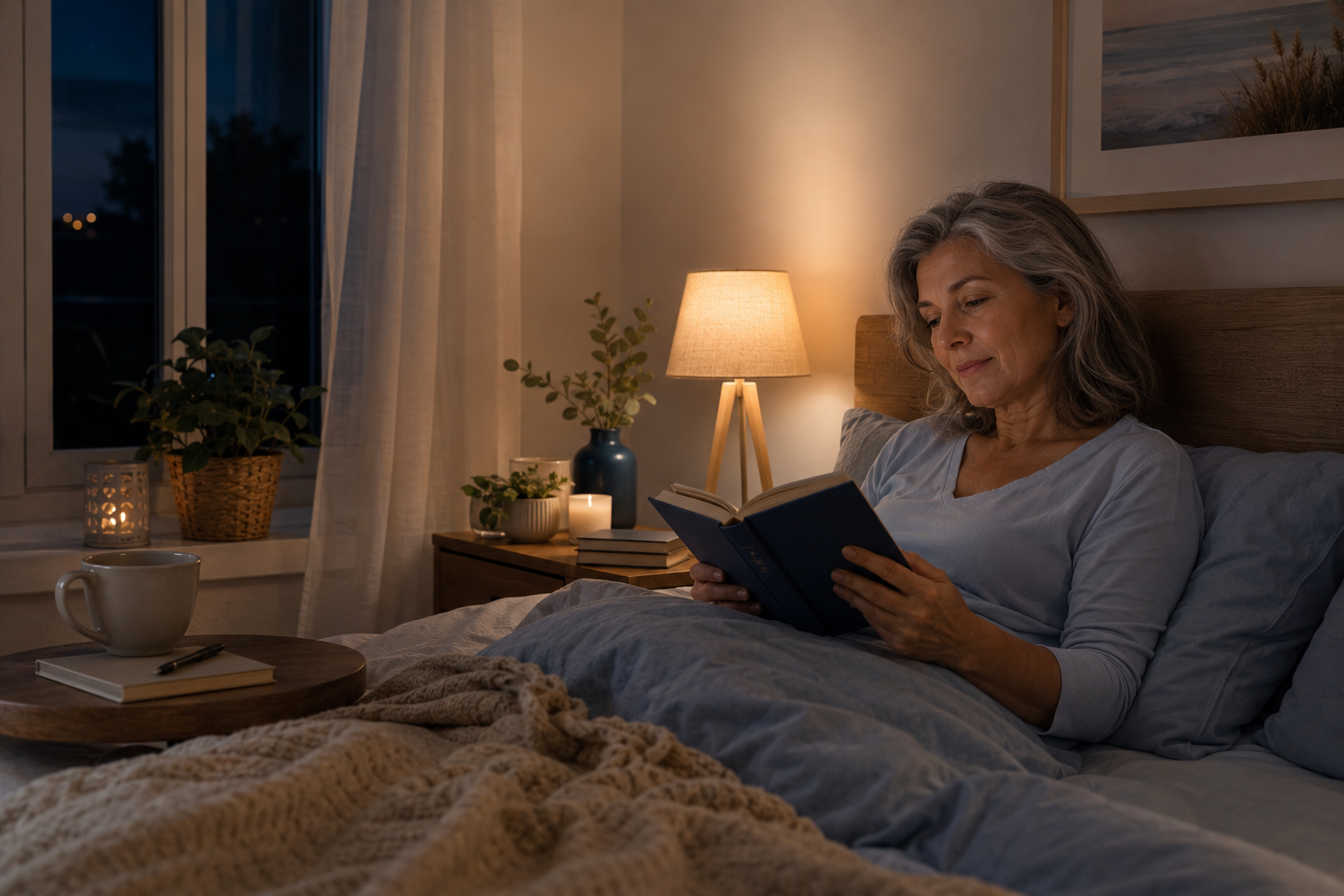 Mujer leyendo tranquilamente antes de dormir en un dormitorio cálido