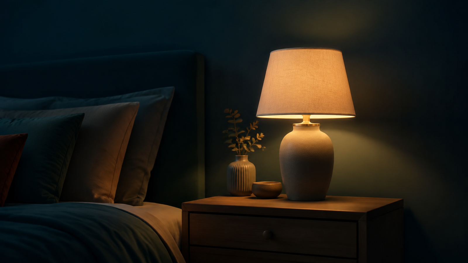Lámpara de luz cálida junto a la cama antes de dormir
