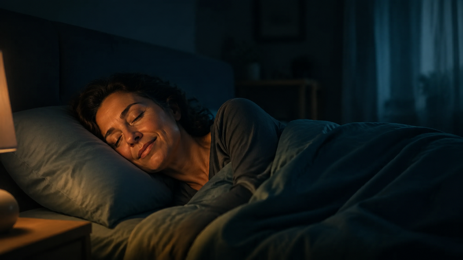 Persona acostada con los ojos cerrados relajándose antes de dormir