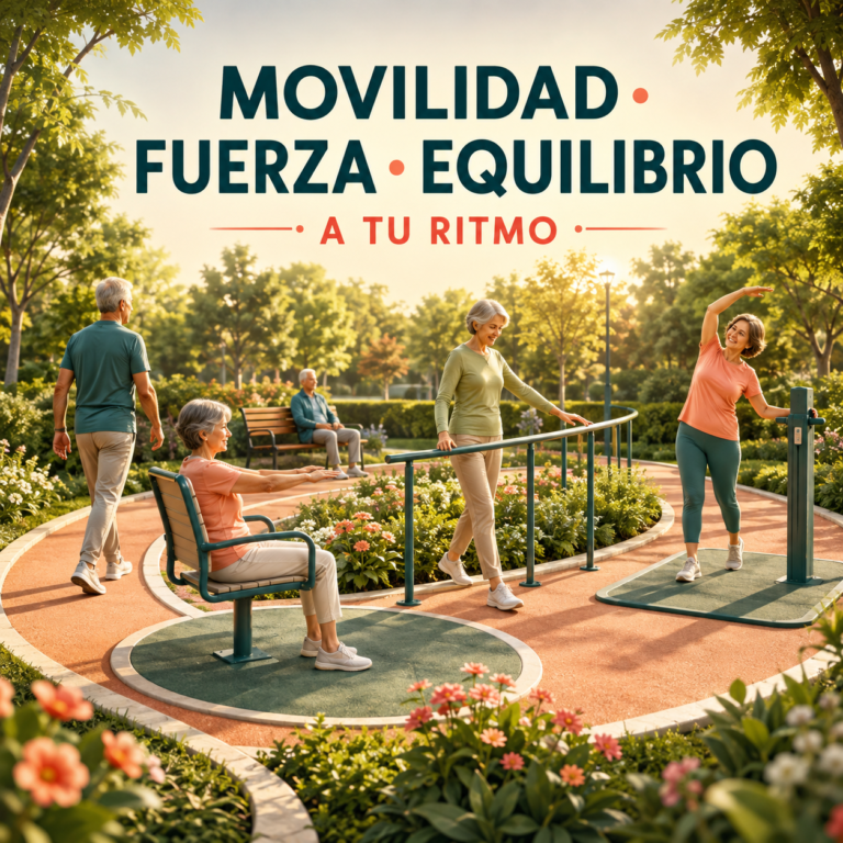 Circuito al aire libre con actividades suaves de movilidad, fuerza y equilibrio