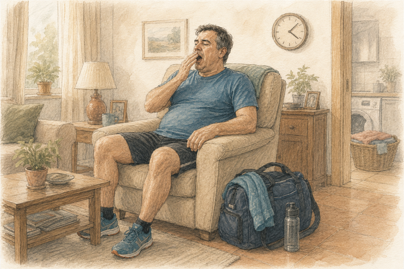 Hombre cansado en el sillón con la mochila preparada para volver a rehabilitación
