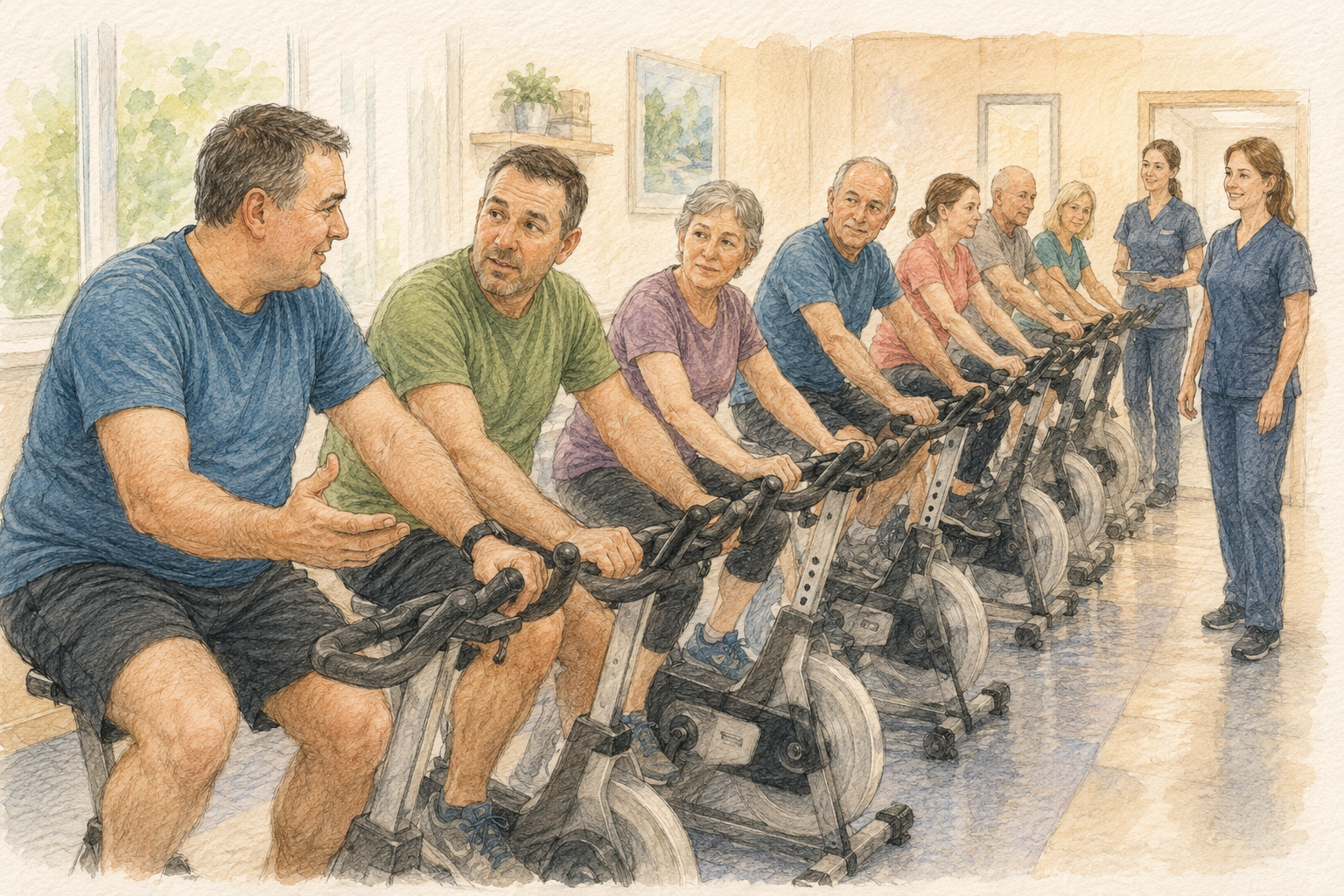 Siete pacientes compartiendo una sesión con cinco bicicletas y dos cintas durante la rehabilitación cardíaca