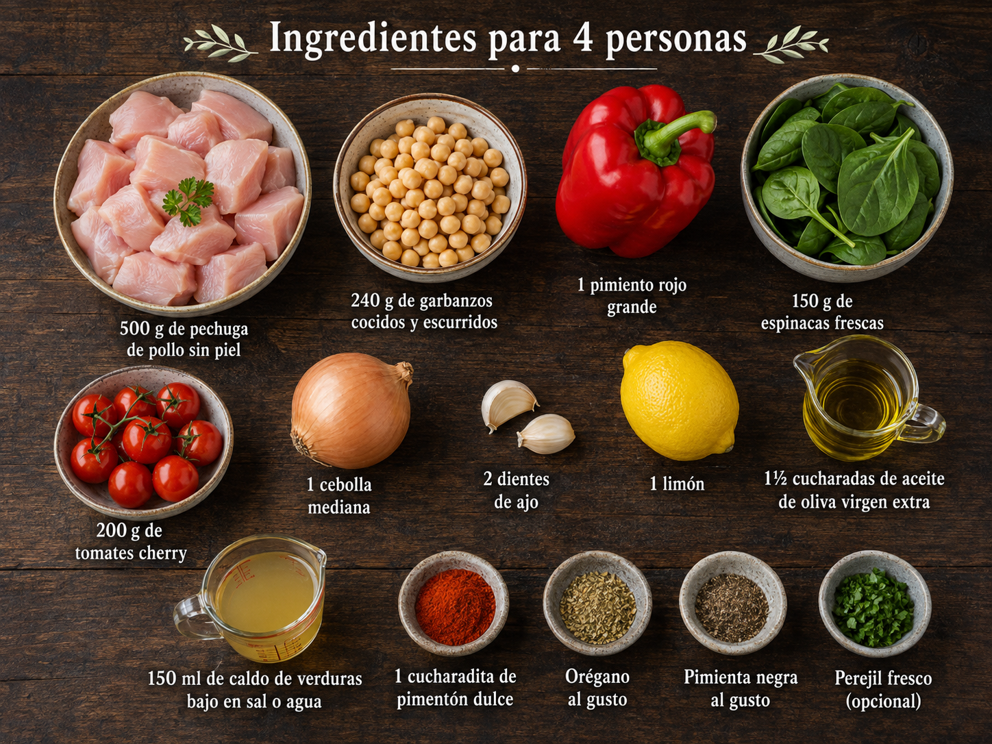 Ingredientes y cantidades para preparar pollo mediterráneo con garbanzos, espinacas y pimiento para cuatro personas