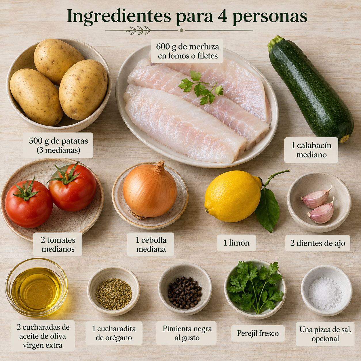 Ingredientes para preparar merluza mediterránea al horno con patatas, tomate y calabacín