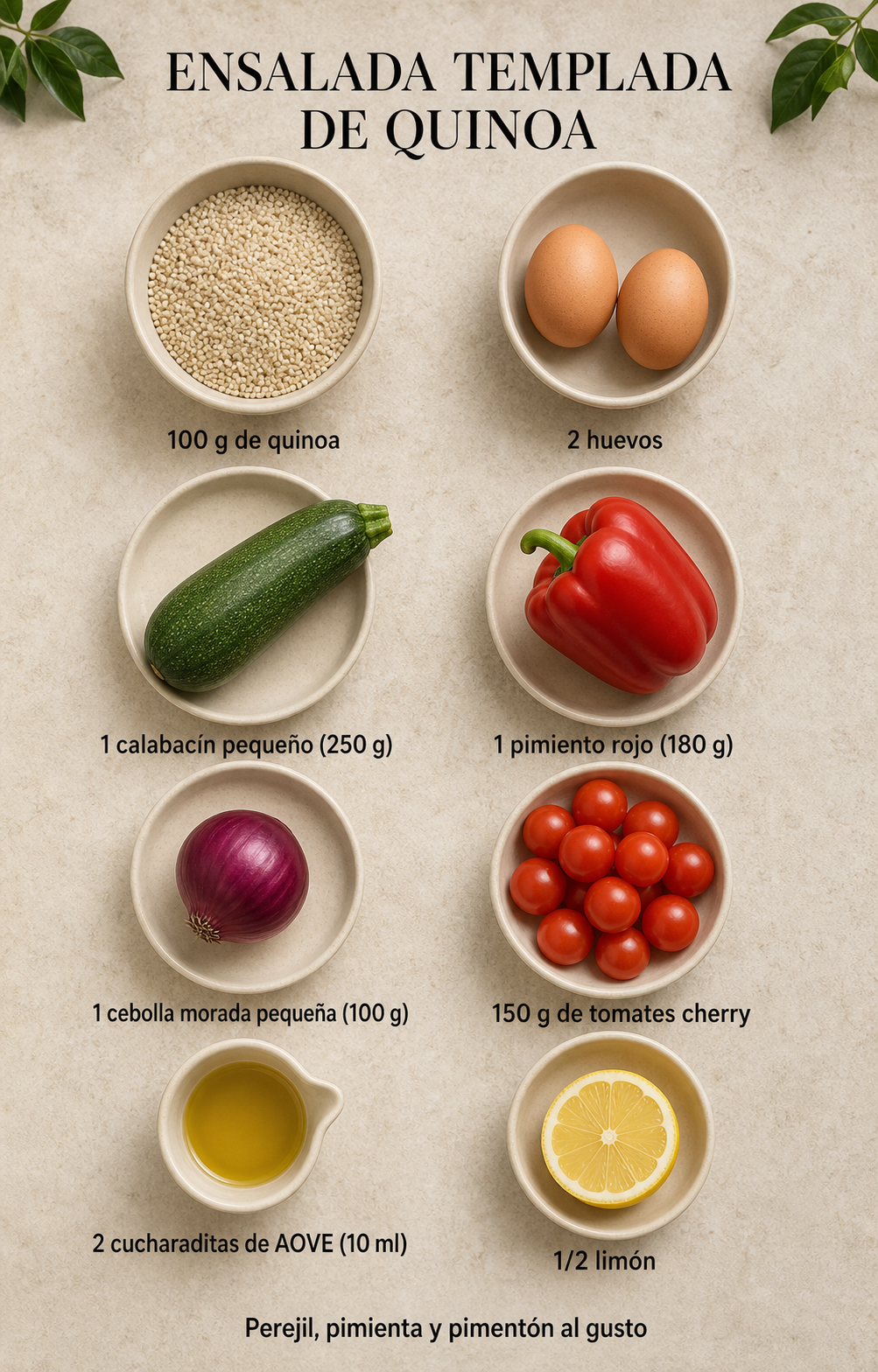 Ingredientes y cantidades para preparar ensalada templada de quinoa, huevo y verduras asadas para dos personas