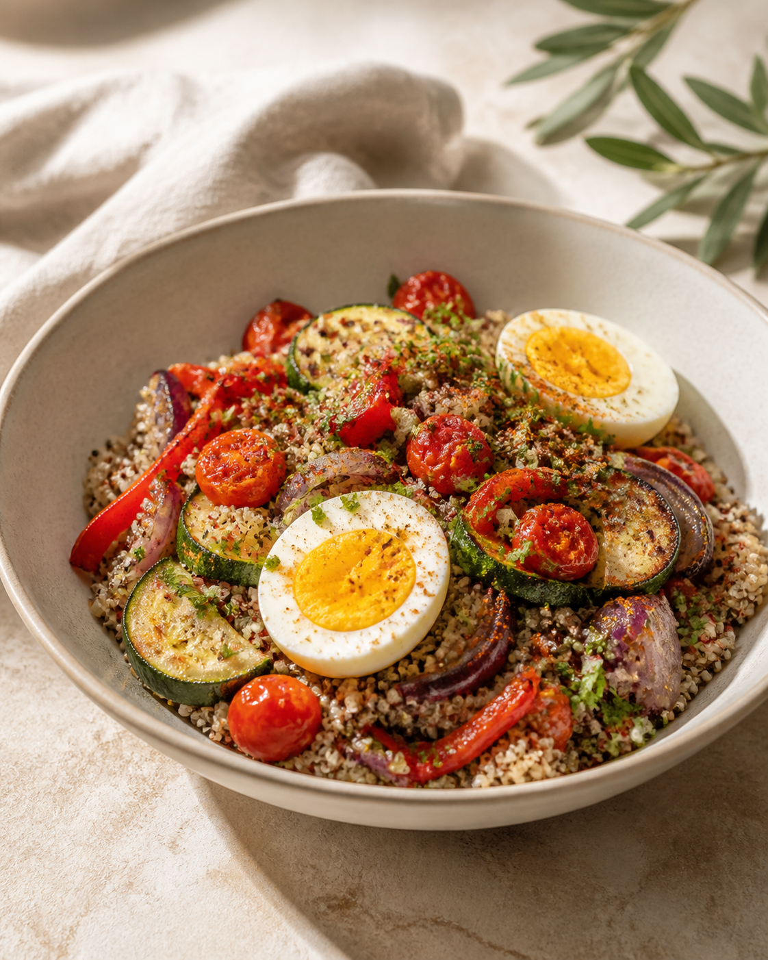 Ensalada templada de quinoa con huevo cocido y verduras asadas