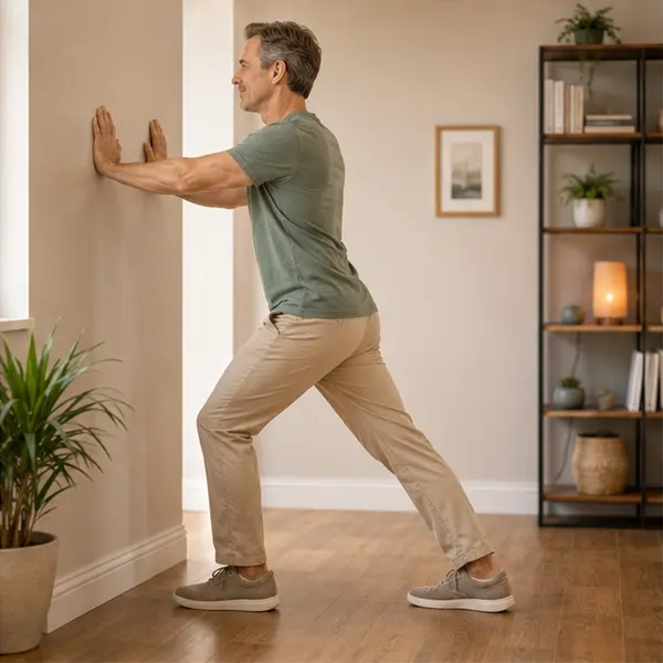 Hombre estirando el gemelo con las manos apoyadas en una pared