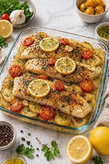 Merluza mediterránea al horno con patatas, tomate y calabacín