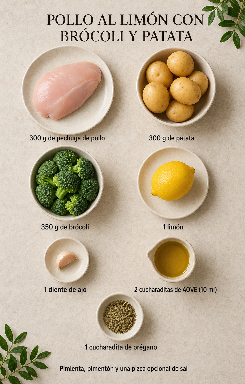 Ingredientes y cantidades para preparar pollo al limón con brócoli y patata al horno para dos personas