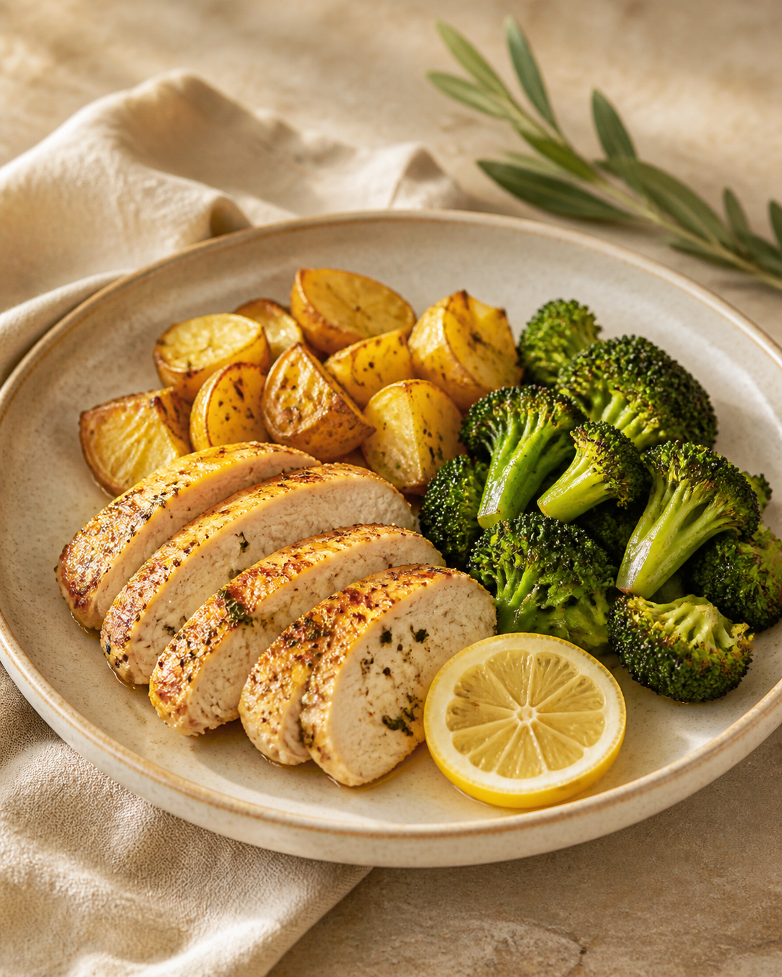 Pechuga de pollo al limón con brócoli y patata asados al horno