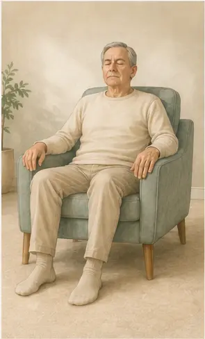Hombre mayor sentado cómodamente en un sillón, con el cuerpo bien apoyado y las manos descansando.