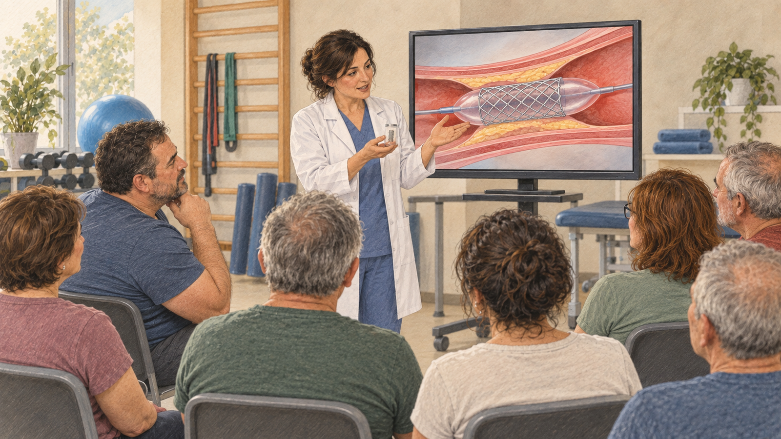 Pacientes sentados durante una charla de rehabilitación cardíaca mientras una doctora explica en una pantalla cómo se coloca un stent