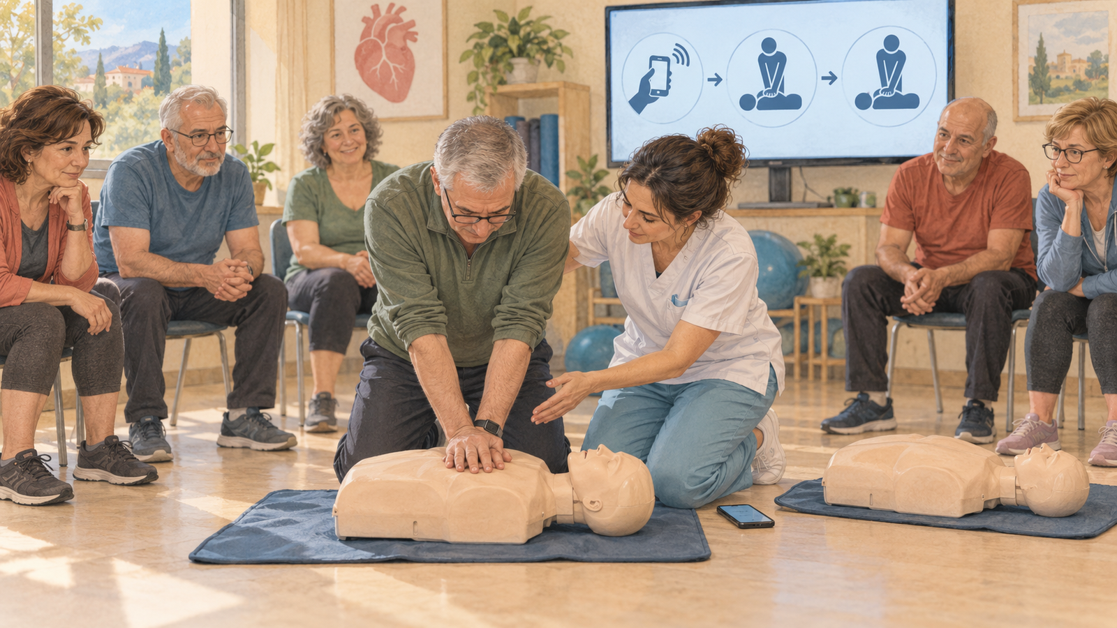 Grupo de pacientes realizando un circuito supervisado de fuerza, equilibrio y agilidad en una sala de rehabilitación