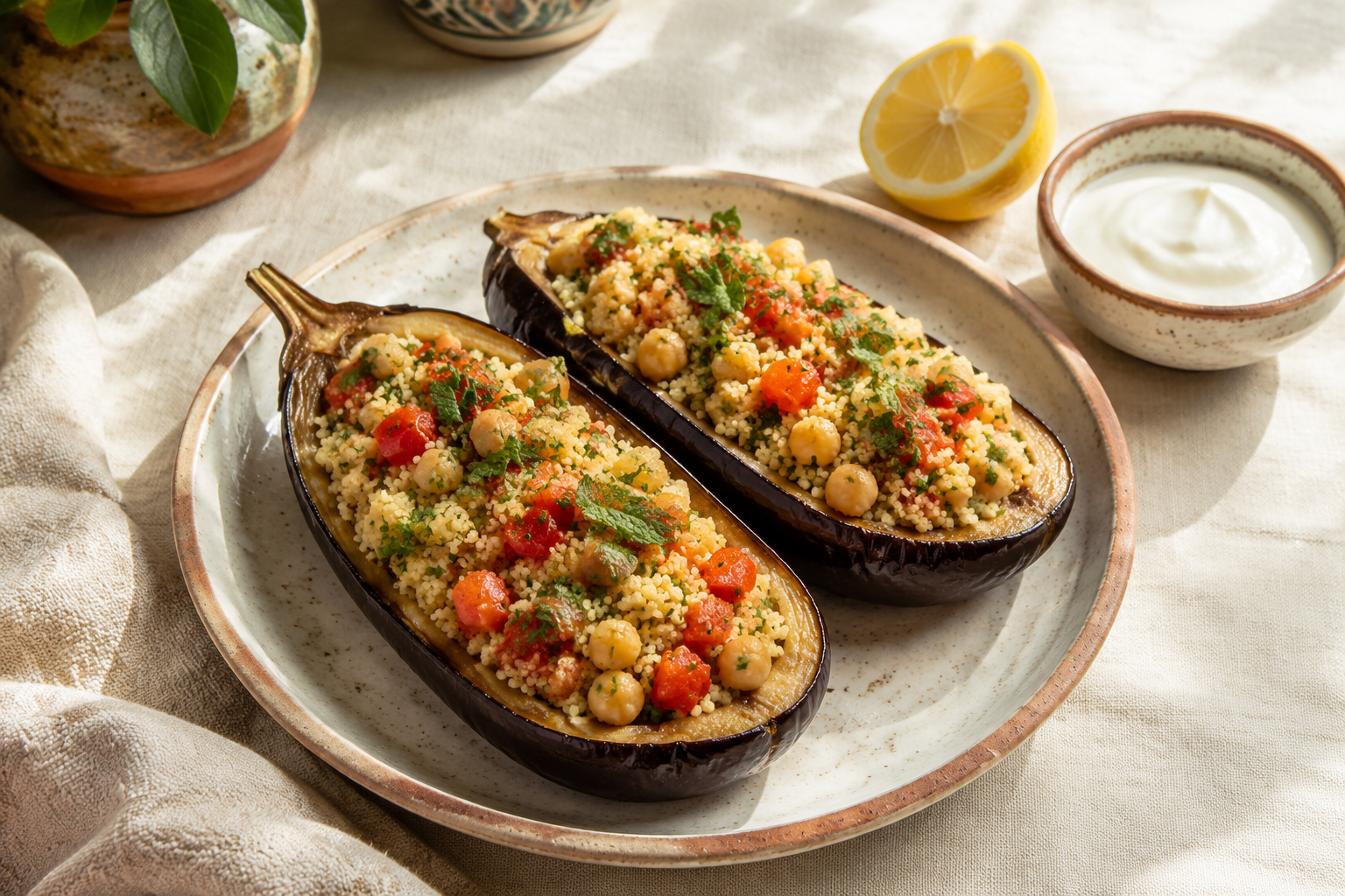 Berenjenas asadas rellenas de cuscús, garbanzos, tomate, pimiento y hierbas frescas