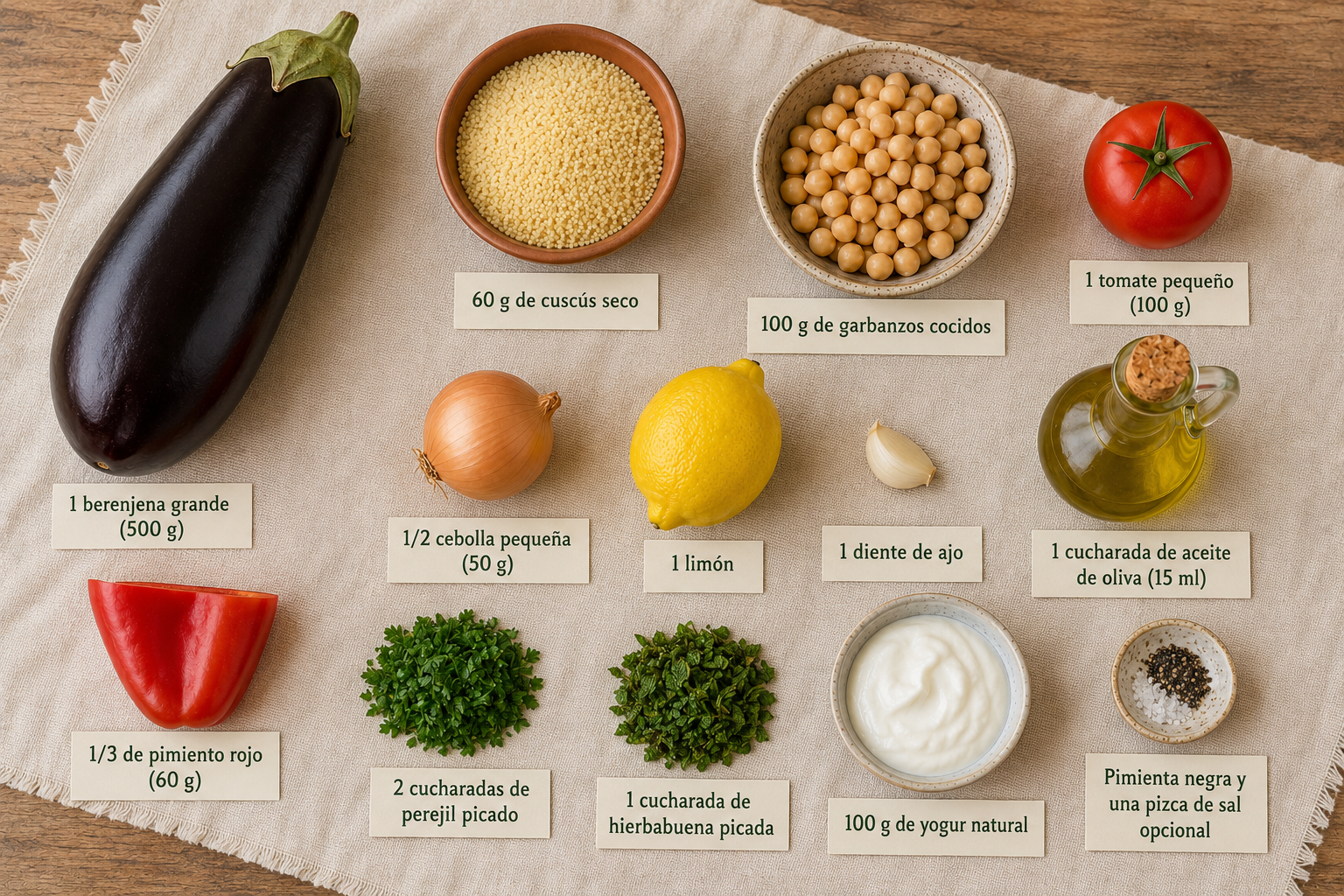 Ingredientes y cantidades para preparar berenjena rellena de cuscús y garbanzos para dos personas