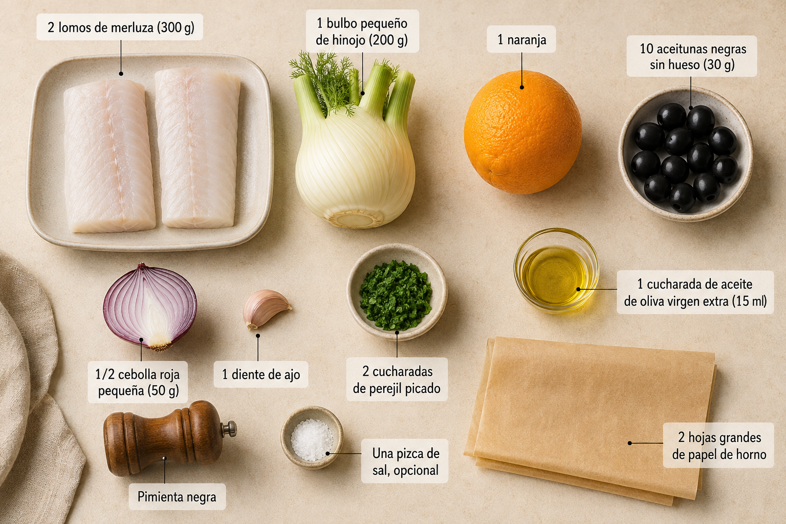 Ingredientes medidos para preparar merluza en papillote con naranja, hinojo y aceitunas para dos personas