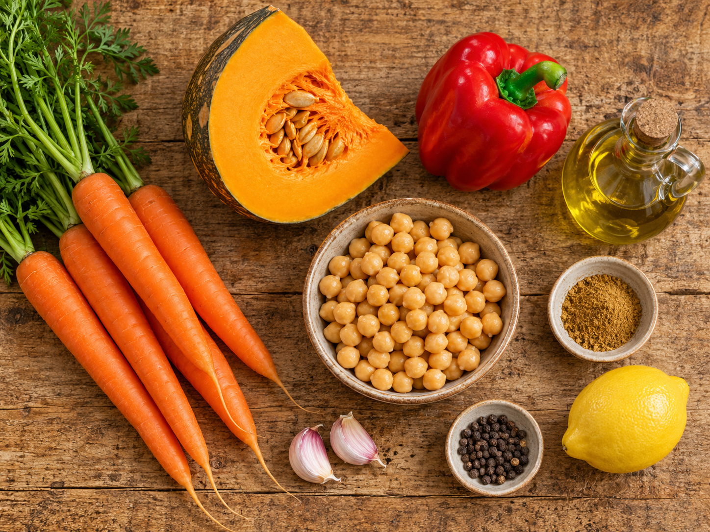 Zanahorias, calabaza, pimiento rojo, ajo, limón, comino, pimienta negra, aceite de oliva virgen extra y garbanzos cocidos
