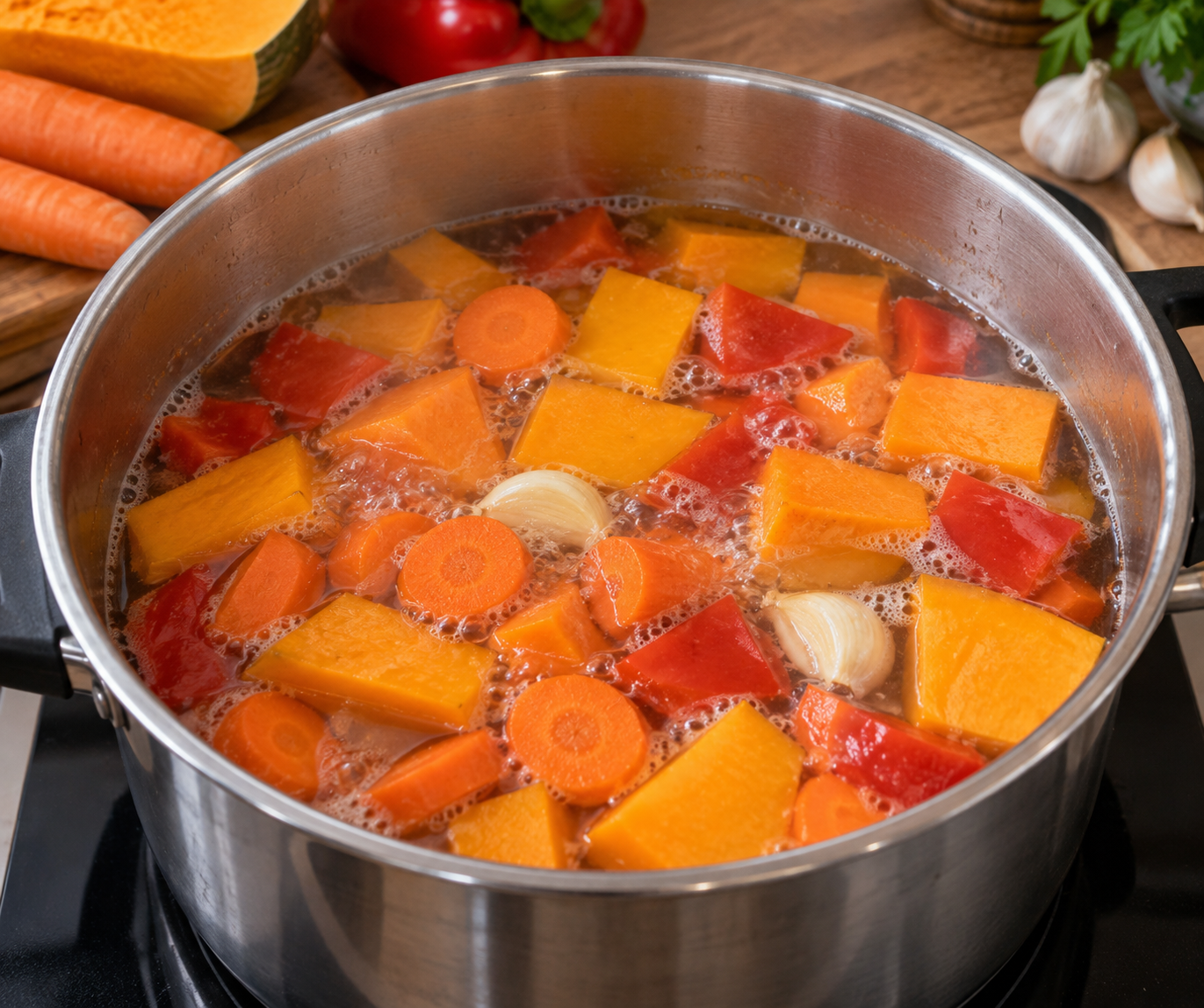 Calabaza, zanahoria, pimiento rojo y ajo cociéndose directamente en agua dentro de una olla