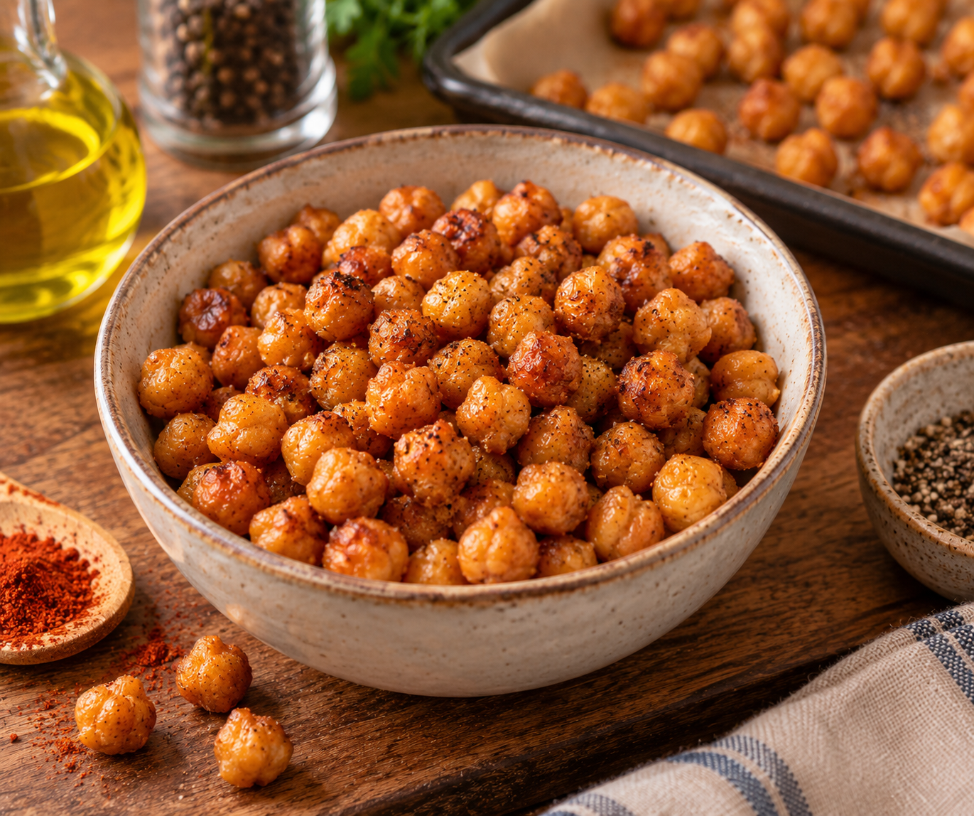 Garbanzos cocidos tostados hasta quedar dorados y crujientes