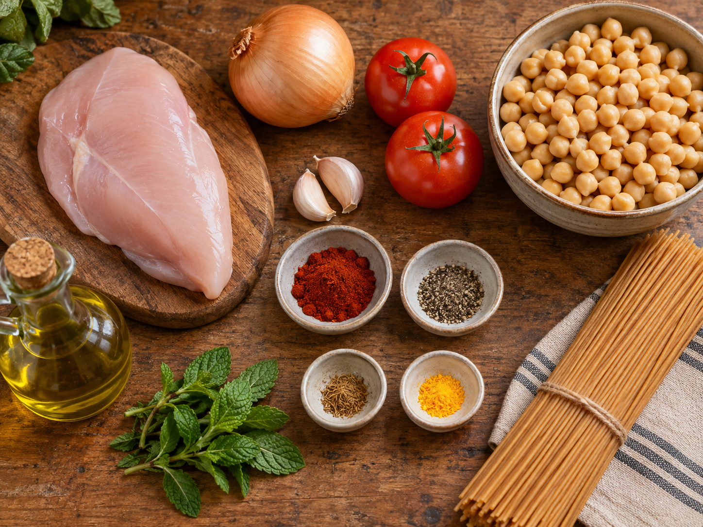 Pechuga de pollo, cebolla, tomates, ajo, garbanzos, espagueti integral, hierbahuerto, aceite de oliva virgen extra y especias