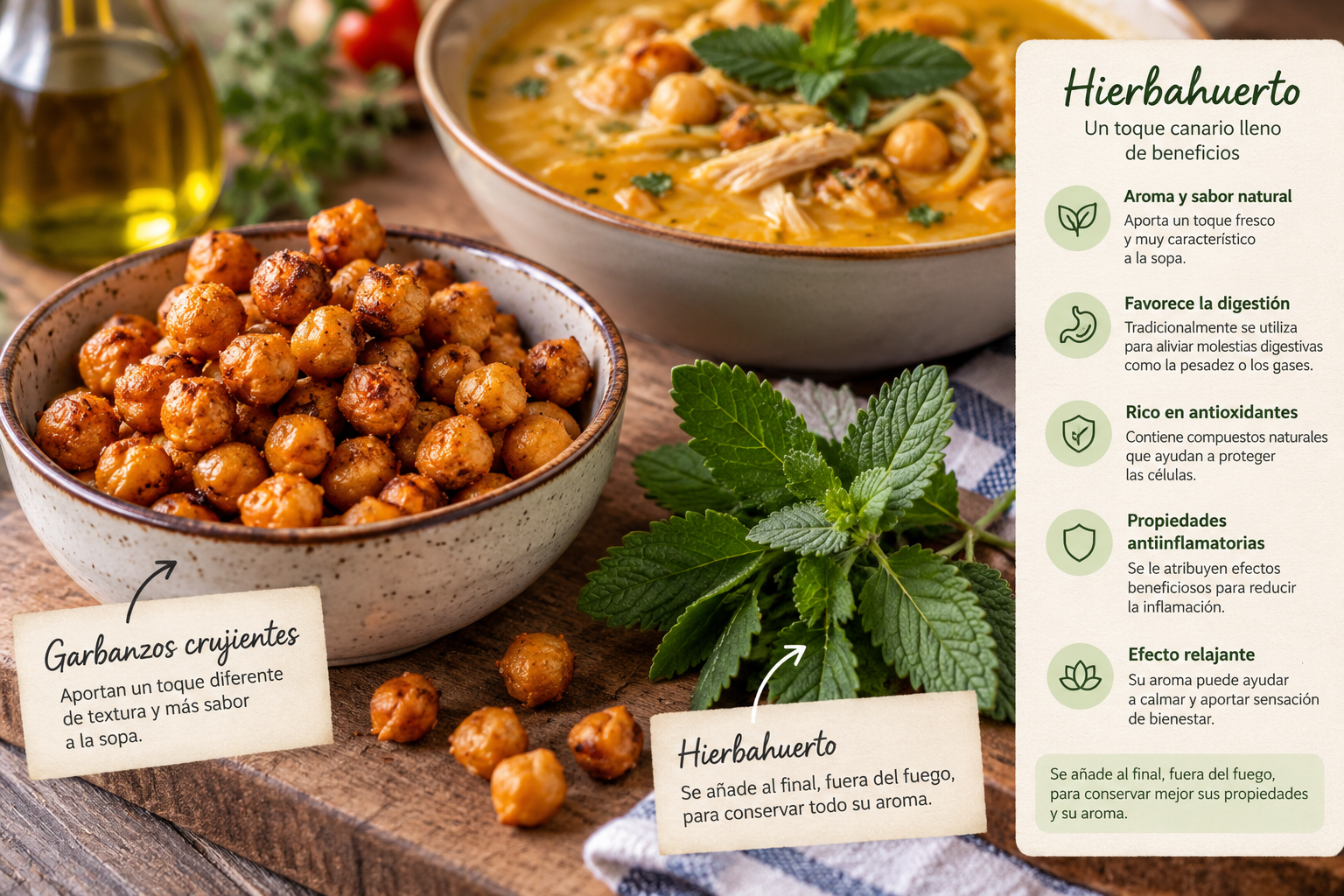 Garbanzos tostados y hojas frescas de hierbahuerto utilizados para terminar una sopa de pollo