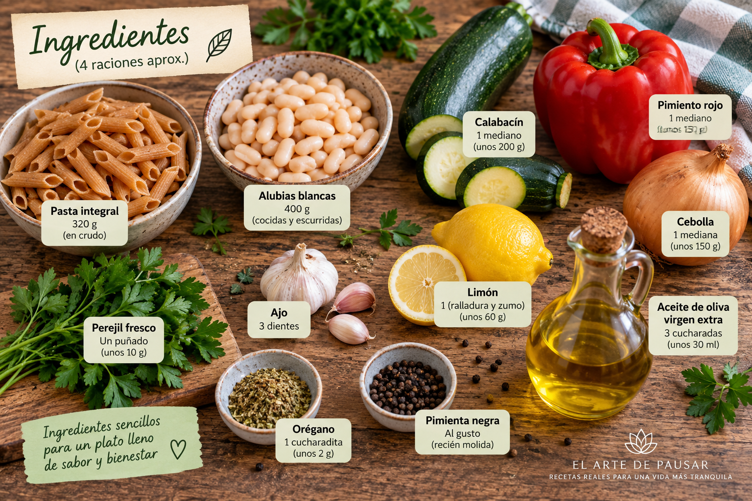 Ingredientes para pasta integral con verduras, alubias blancas y limón