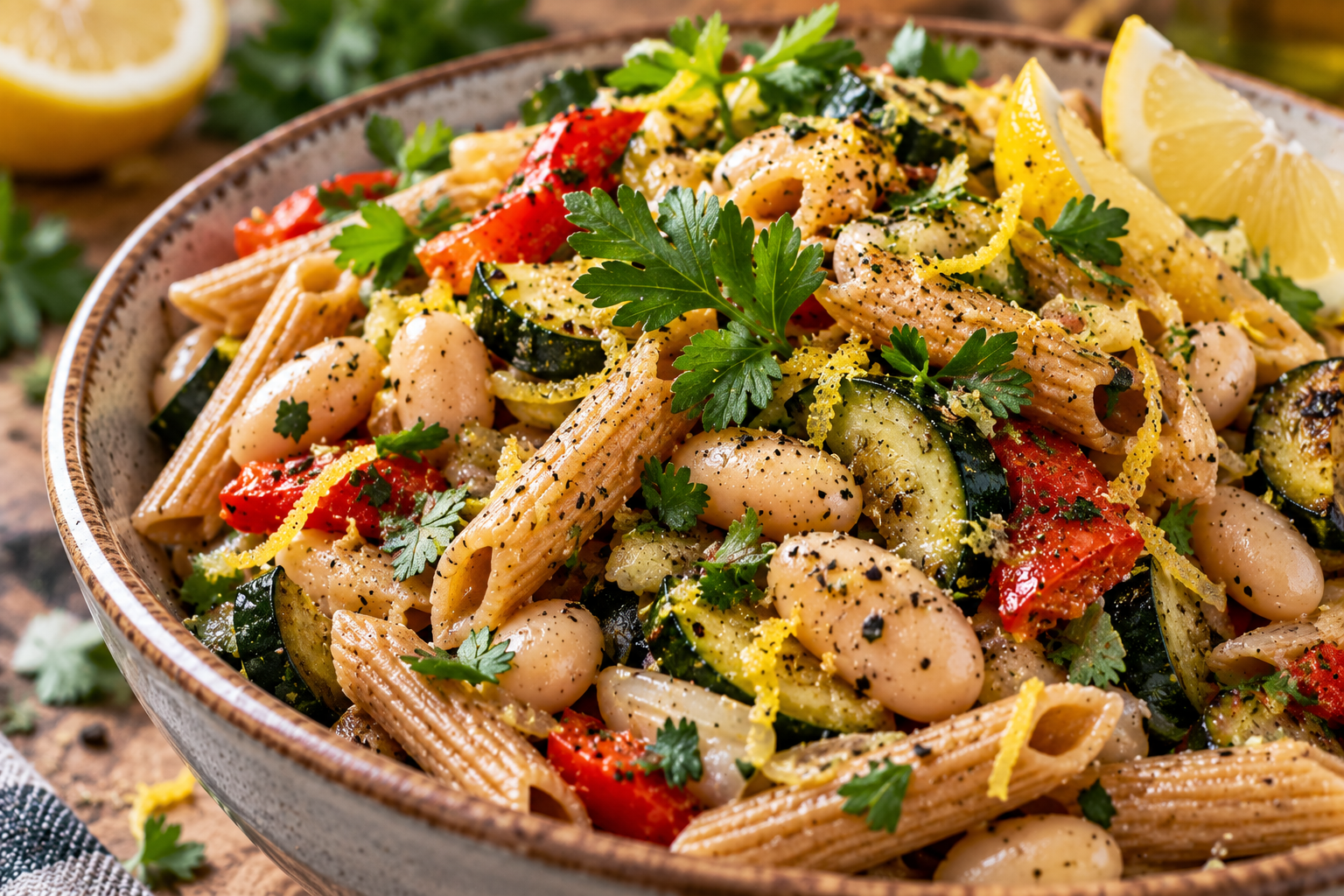 Primer plano de pasta integral con alubias blancas, verduras, perejil y ralladura de limón
