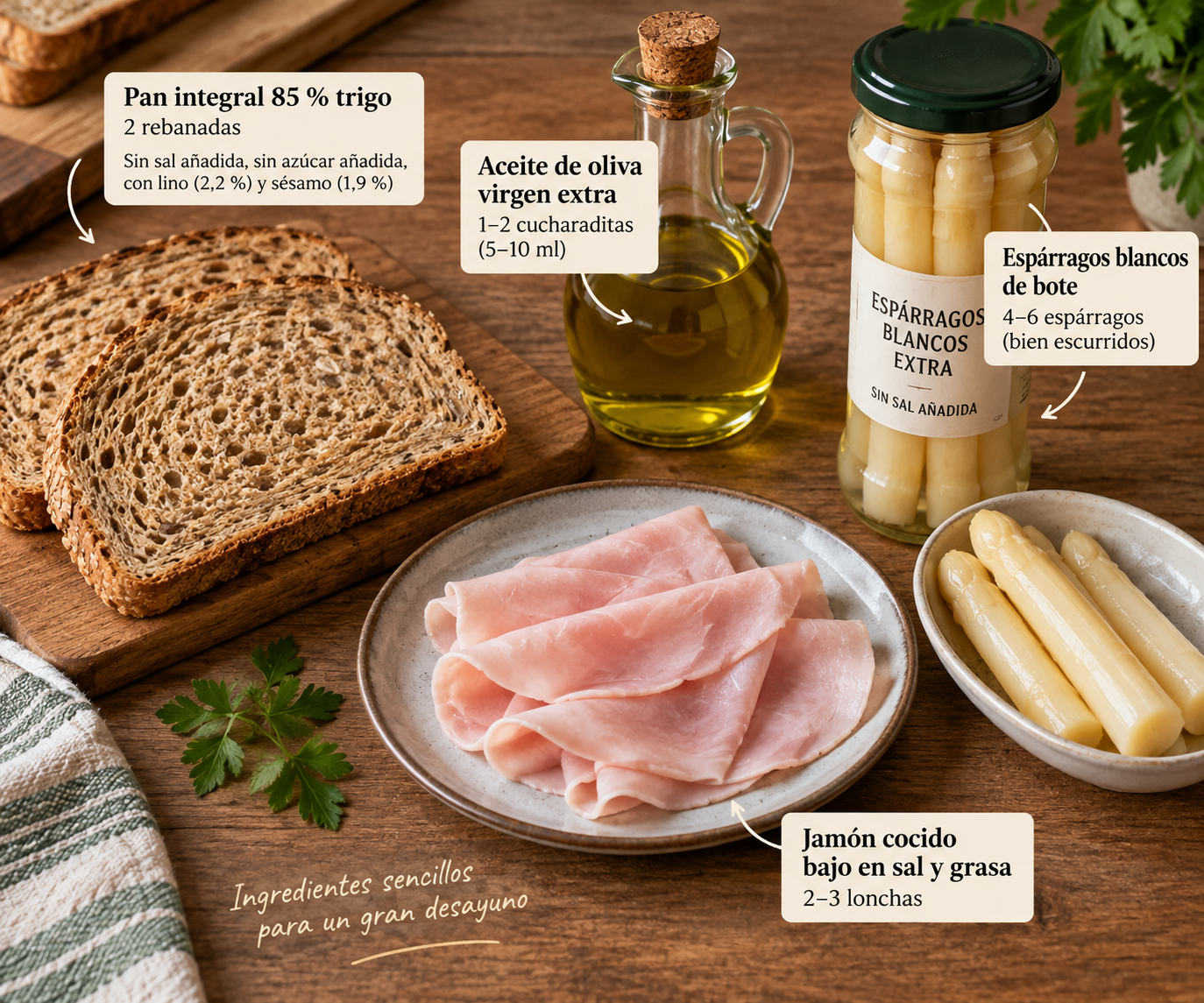 Ingredientes para tostada integral con jamón cocido, espárragos blancos y aceite de oliva virgen extra