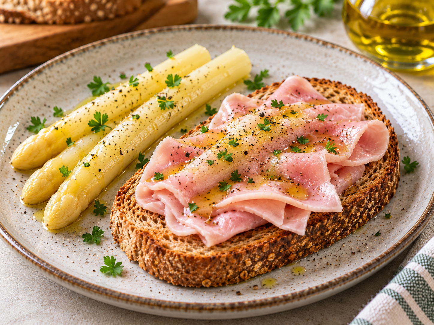 Primer plano de tostada integral con jamón cocido y espárragos blancos acompañados de aceite de oliva virgen extra