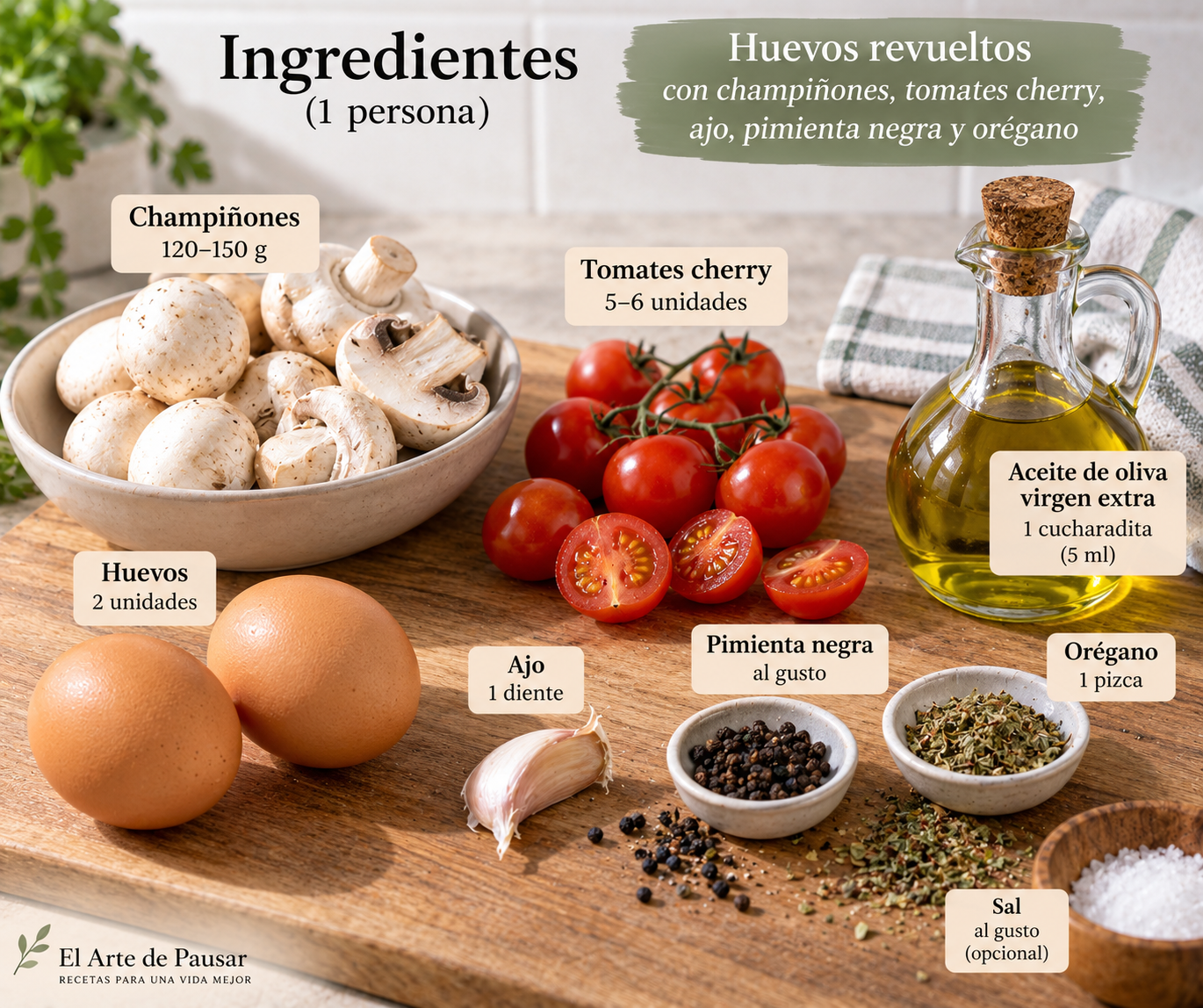 Ingredientes para huevos revueltos con champiñones, tomates cherry, ajo, pimienta negra y orégano