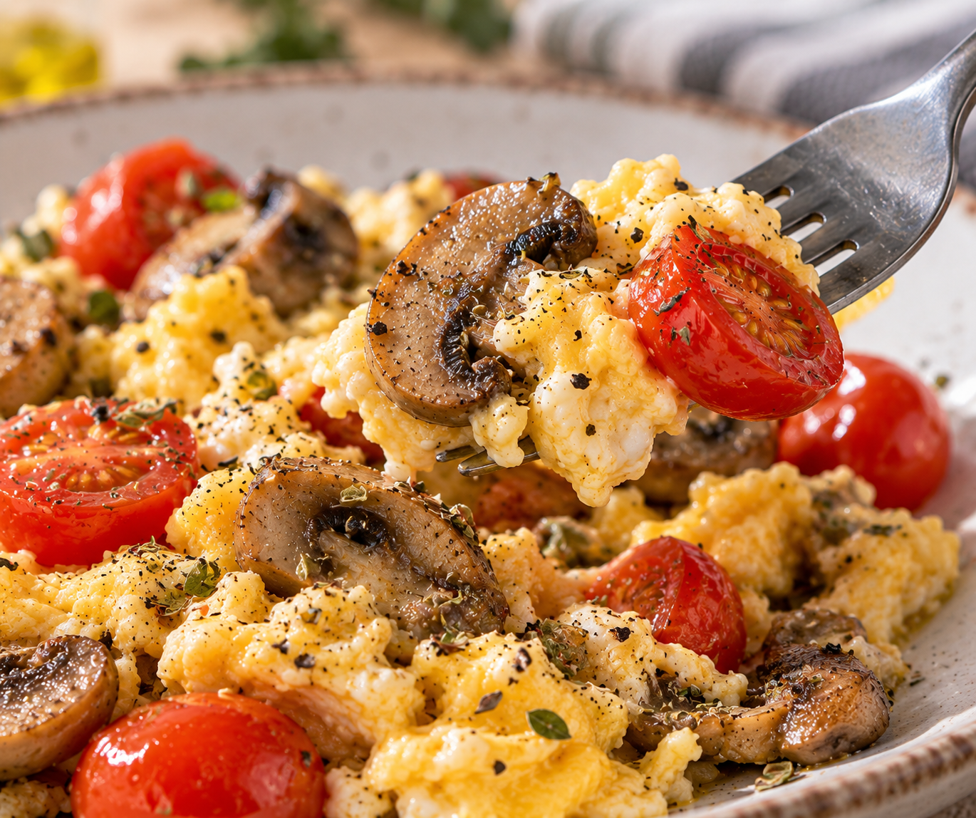 Primer plano de huevos revueltos cremosos con champiñones dorados y tomates cherry